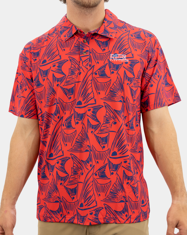 Reel Sportswear Redfish, White, Blue Polo