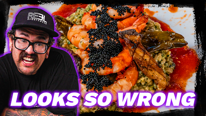 Blood-Poached Gulf Shrimp with Goblin Vomit Orzo — A Reel Mouthful Halloween Special