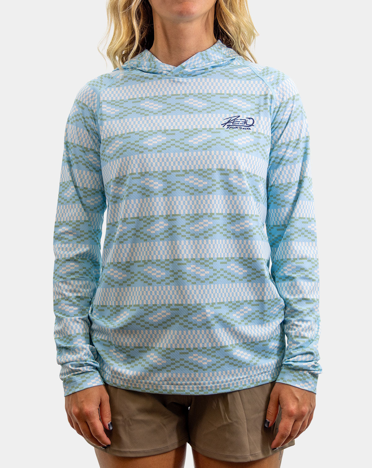 Women’s light blue performance fishing hoody with hood and UPF 50 sun protection