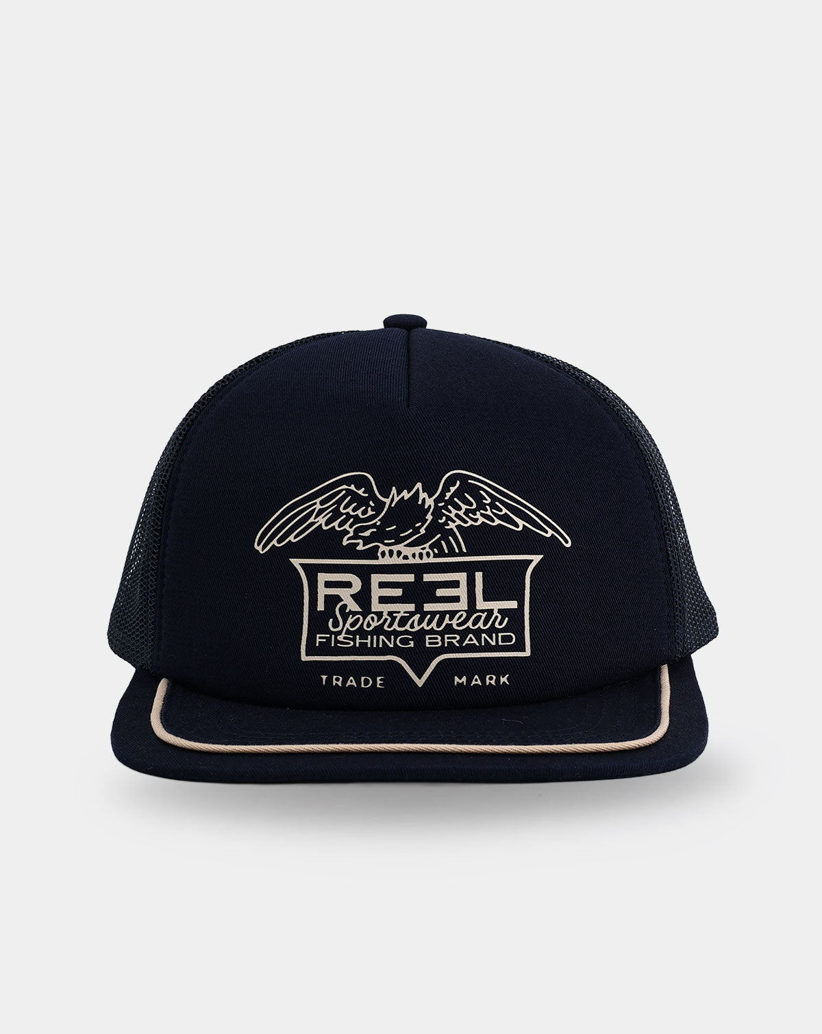 Reel Sportswear Bosun Navy Flat Bill Trucker Hat — front view with eagle badge graphic and cream braided rope visor detail