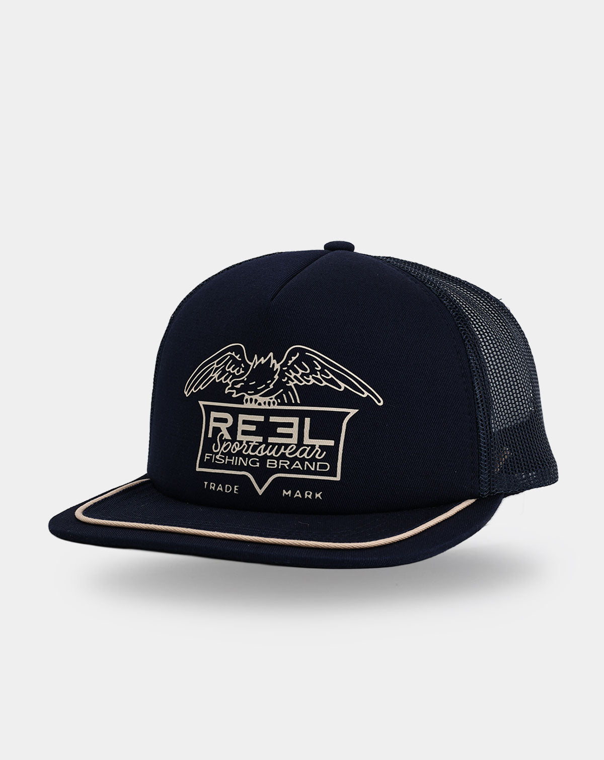 Reel Sportswear Bosun Navy Fishing Trucker Hat — three-quarter view showing structured front, flat bill, mesh back, and rope trim detail