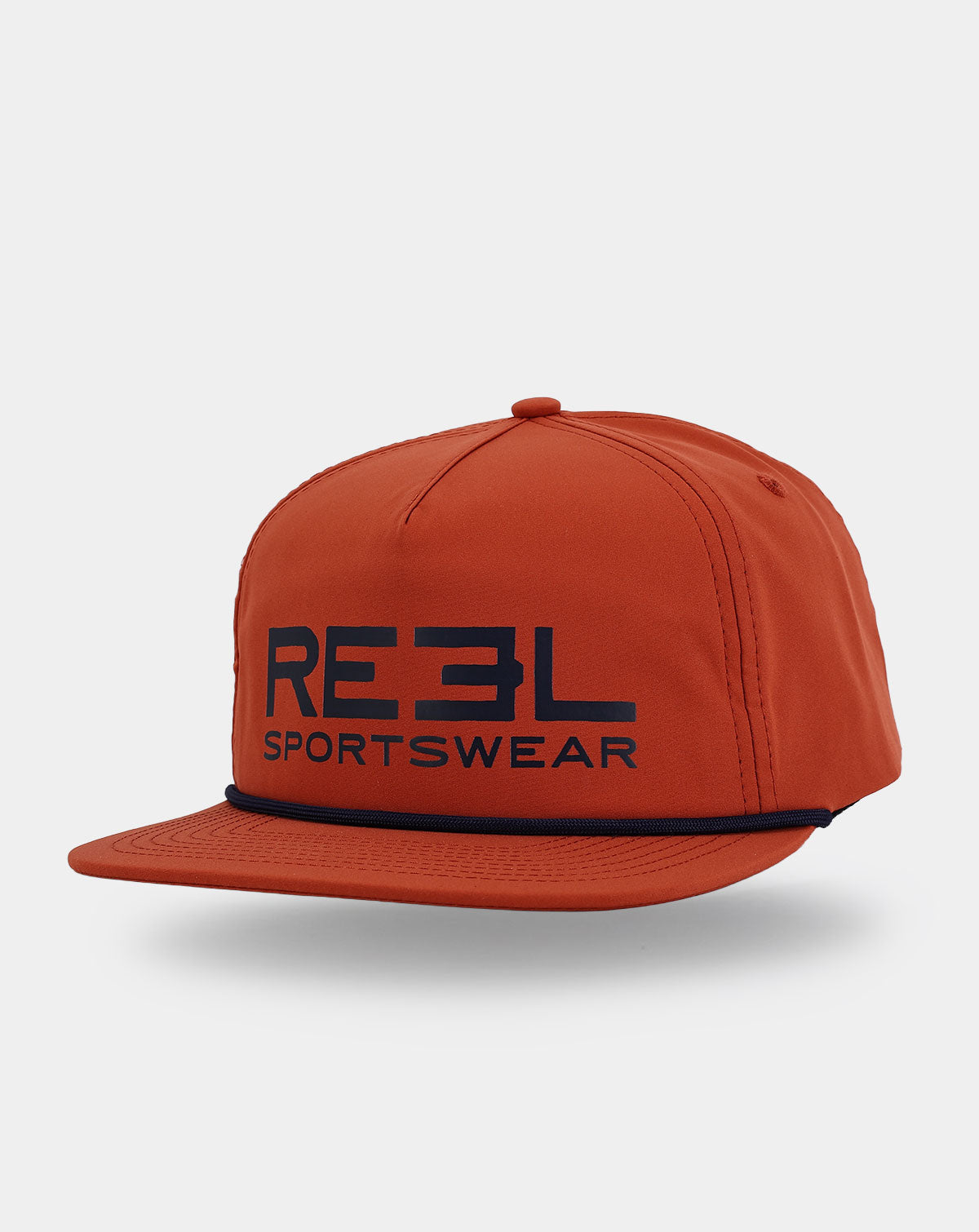 Orange cap with 'REEL Sportswear' logo on a light gray background