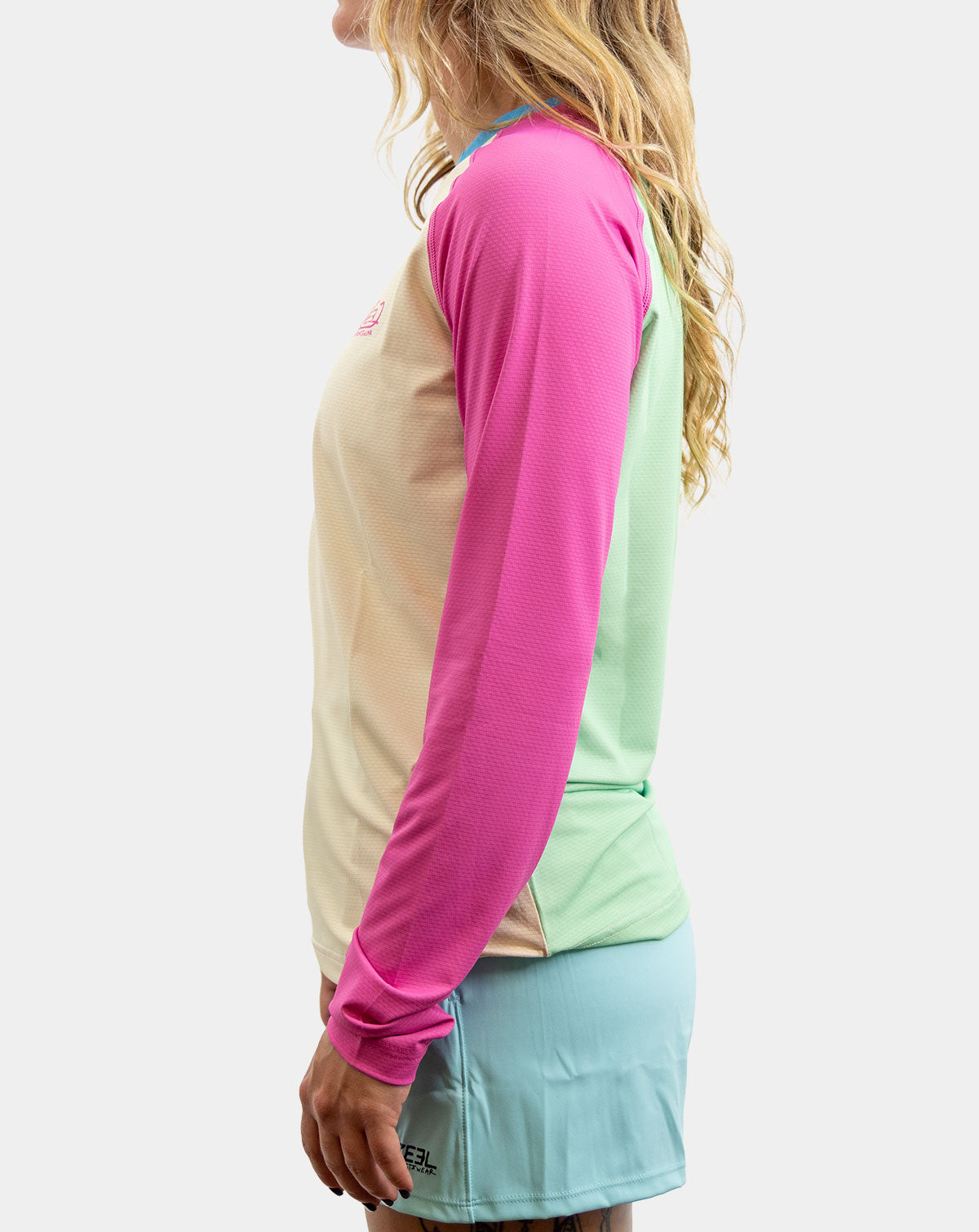 Side view women's performance fishing shirt athletic fit