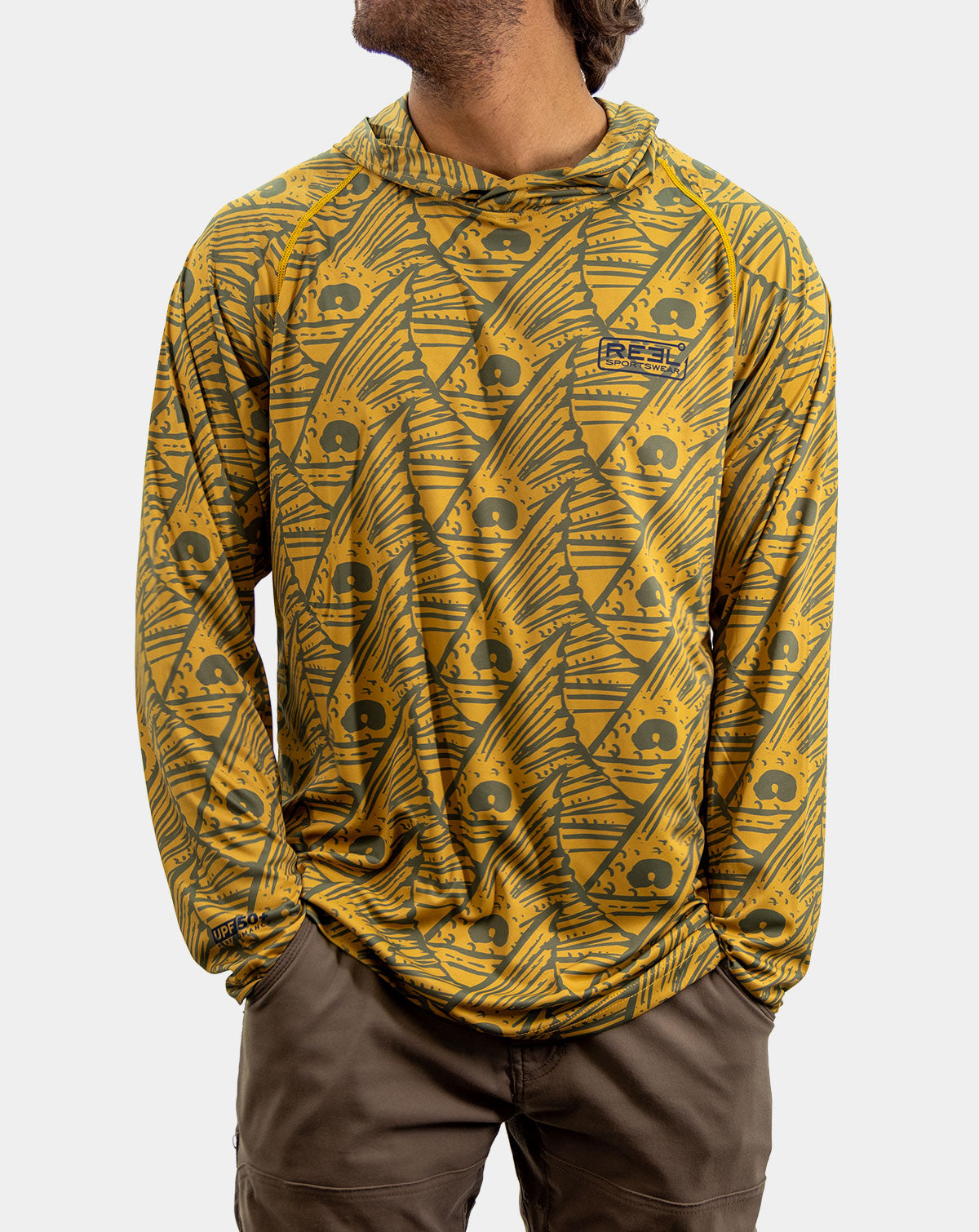 Reel Sportswear Finn Fishing Hoody men's yellow performance fishing hoodie with UPF 50 sun protection