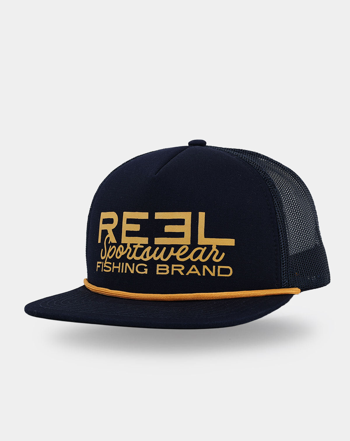 Reel Sportswear Oilman Trucker Hat — three-quarter view showing dark structured front with gold screen-printed logo and gold rope visor trim