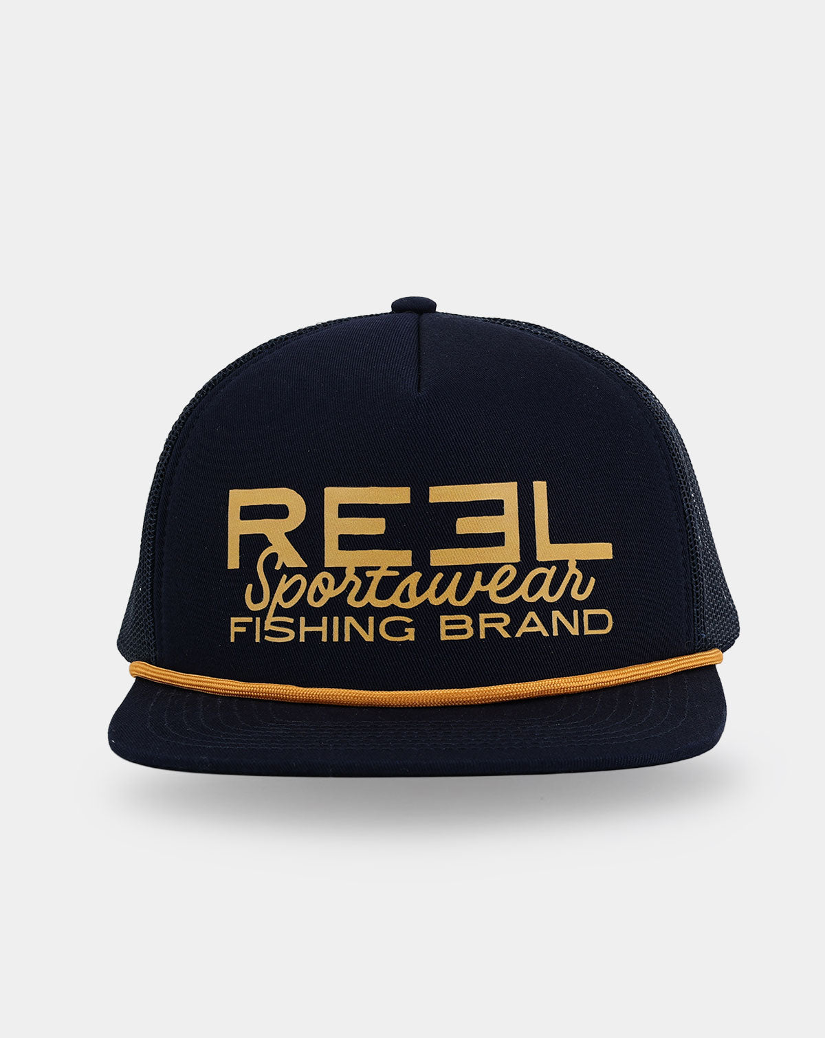Reel Sportswear Oilman Black Gold Flat Bill Fishing Trucker Hat — front view with bold gold logo and gold braided rope across visor