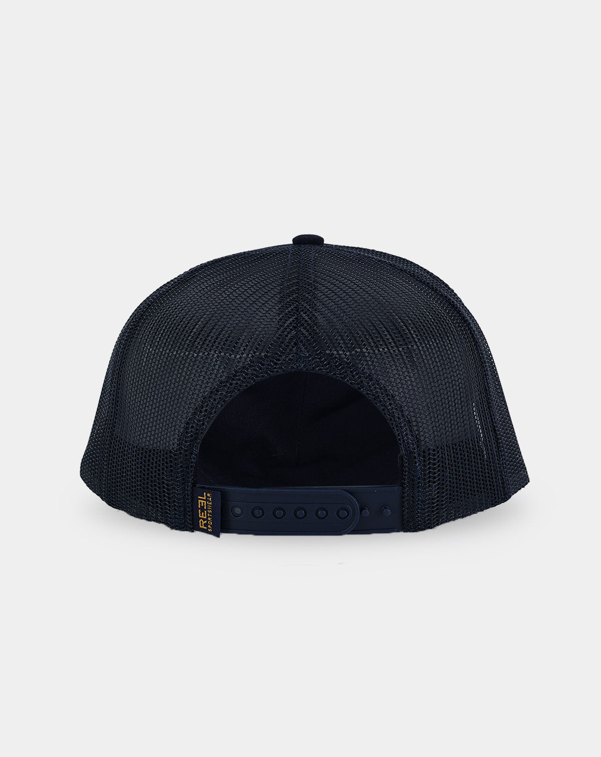 Reel Sportswear Oilman Trucker Hat — back view showing black mesh panels and adjustable snapback closure with gold RS branded tag