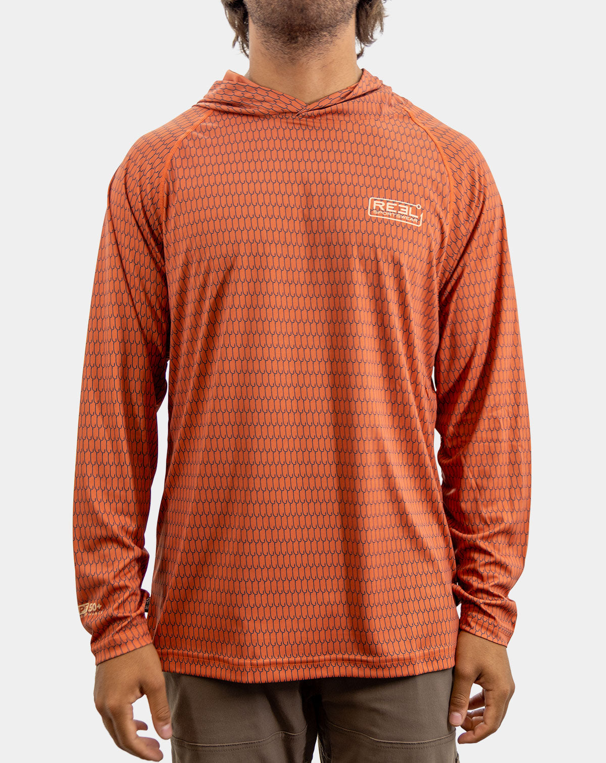 Rhett Reel Sportswear's men's orange performance fishing hoodie with UPF sun protection