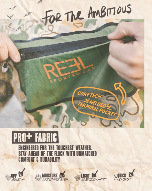 Wingshot Pro+ Performance Shirt - Dove Hunting Apparel - Fowl Camo Style - Wetland Camo Design - Peak Performance Gear - Short Sleeve Hunting Shirt - Welded Coretech™ Pocket - Super Stretch Fabric - Outdoor Hunting Attire - Reel Sportswear