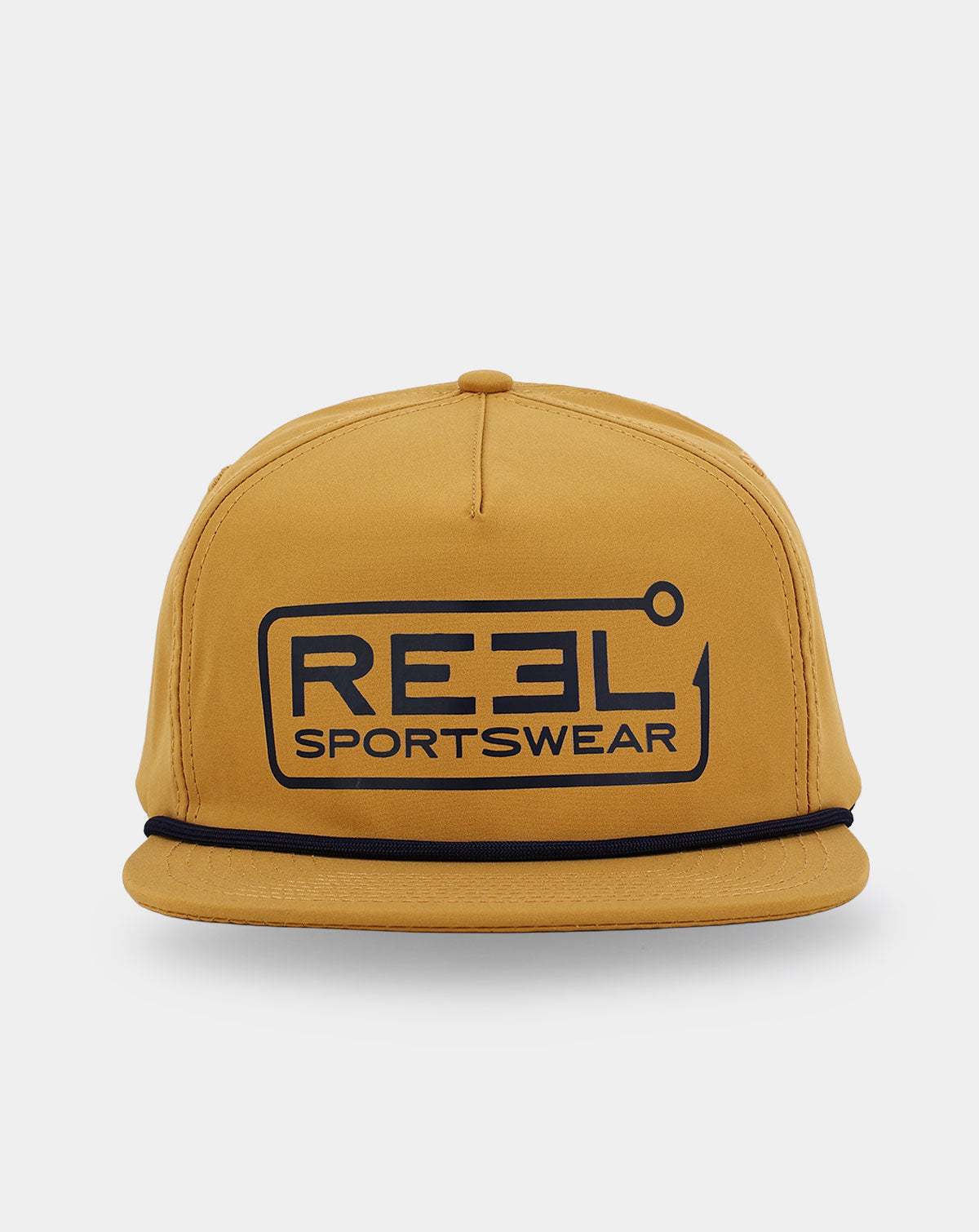 Reel Sportswear Wayside Mustard Fishing Snapback — front view with navy hook-and-line logo and navy braided rope across flat bill