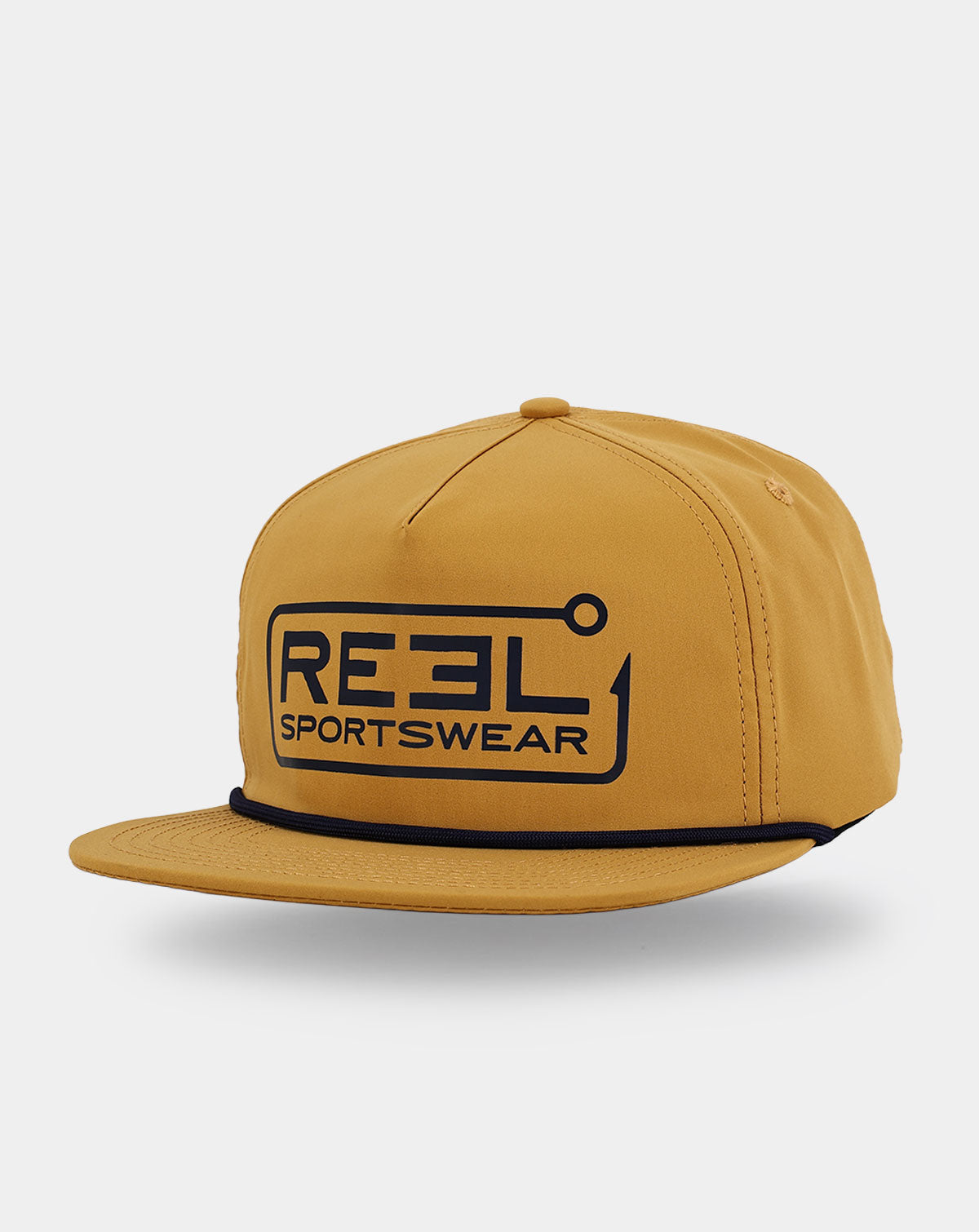 Reel Sportswear Wayside Mustard Fishing Snapback — front view with navy hook-and-line logo and navy braided rope across flat bill