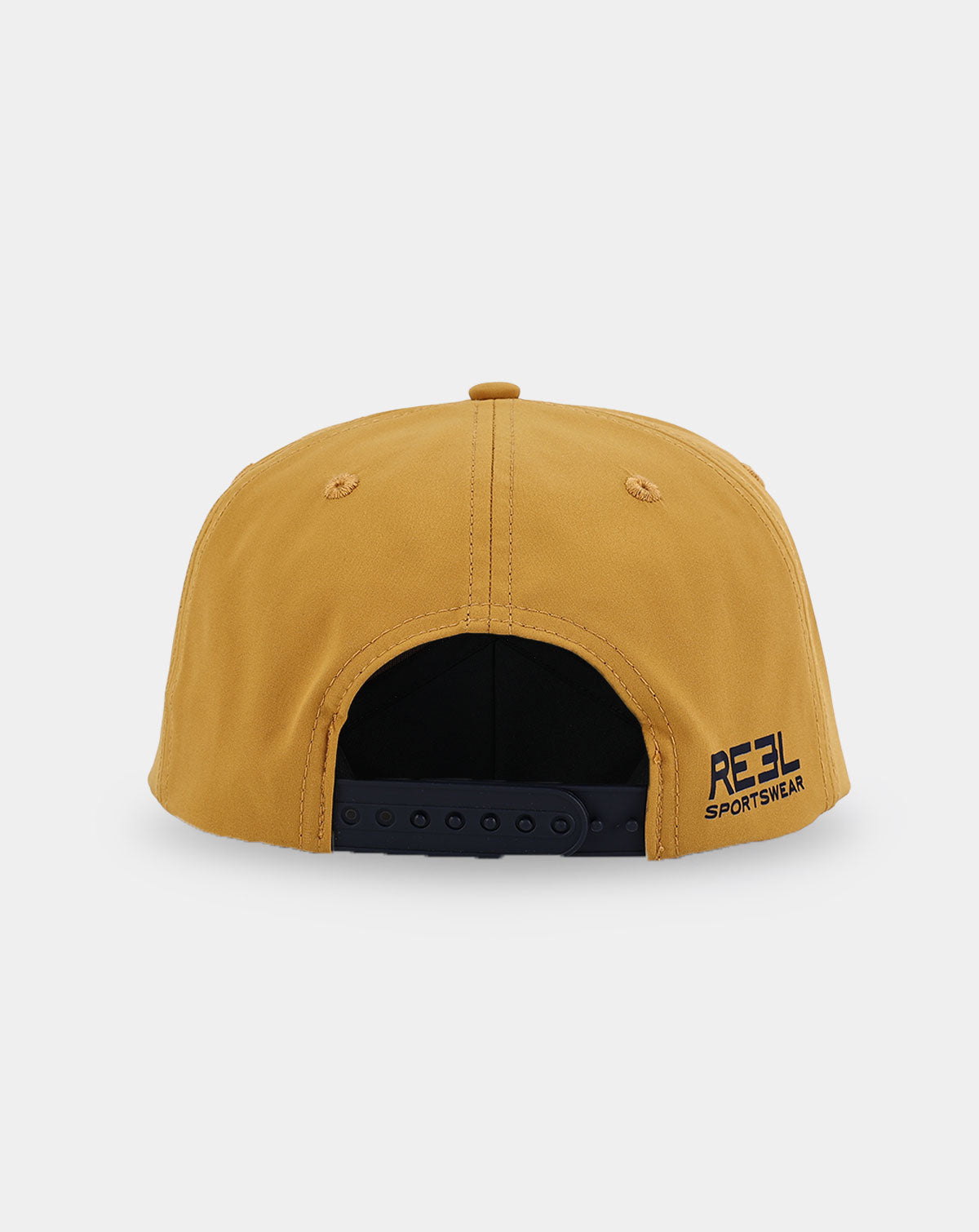 Reel Sportswear Wayside Mustard Performance Snapback — back view showing mustard nylon panels and adjustable snapback closure with navy RS Sportswear branding