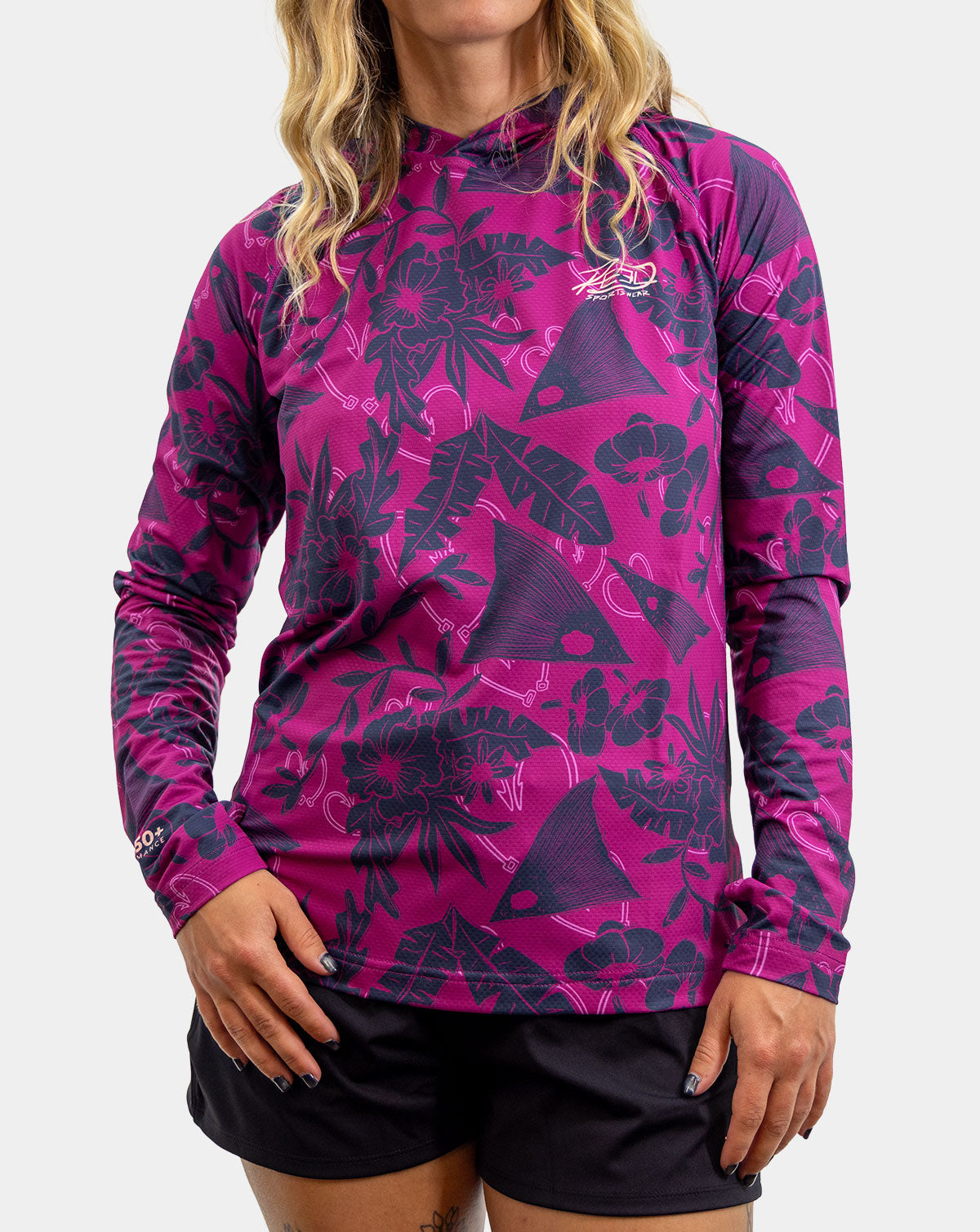 Reel Sportswear Callie Raspberry Women's Pro+ Fishing Hoodie, women's long sleeve fishing hoody. Women's raspberry pink fishing hoodie with floral tropical pattern and UPF 50 sun protection