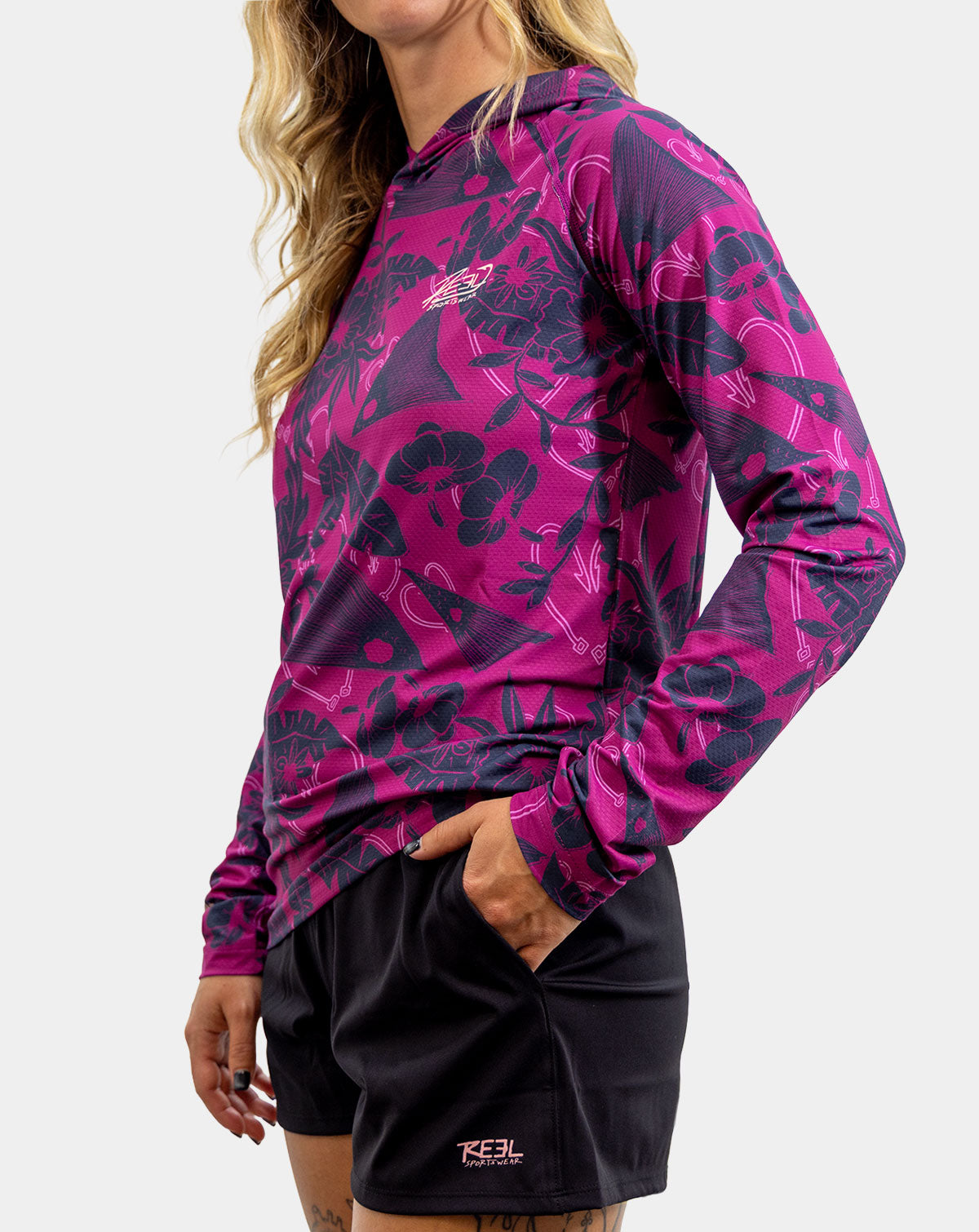 Reel Sportswear Callie Raspberry Women's Pro+ Fishing Hoodie, women's long sleeve fishing hoody. Women's raspberry pink fishing hoodie with floral tropical pattern and UPF 50 sun protection
