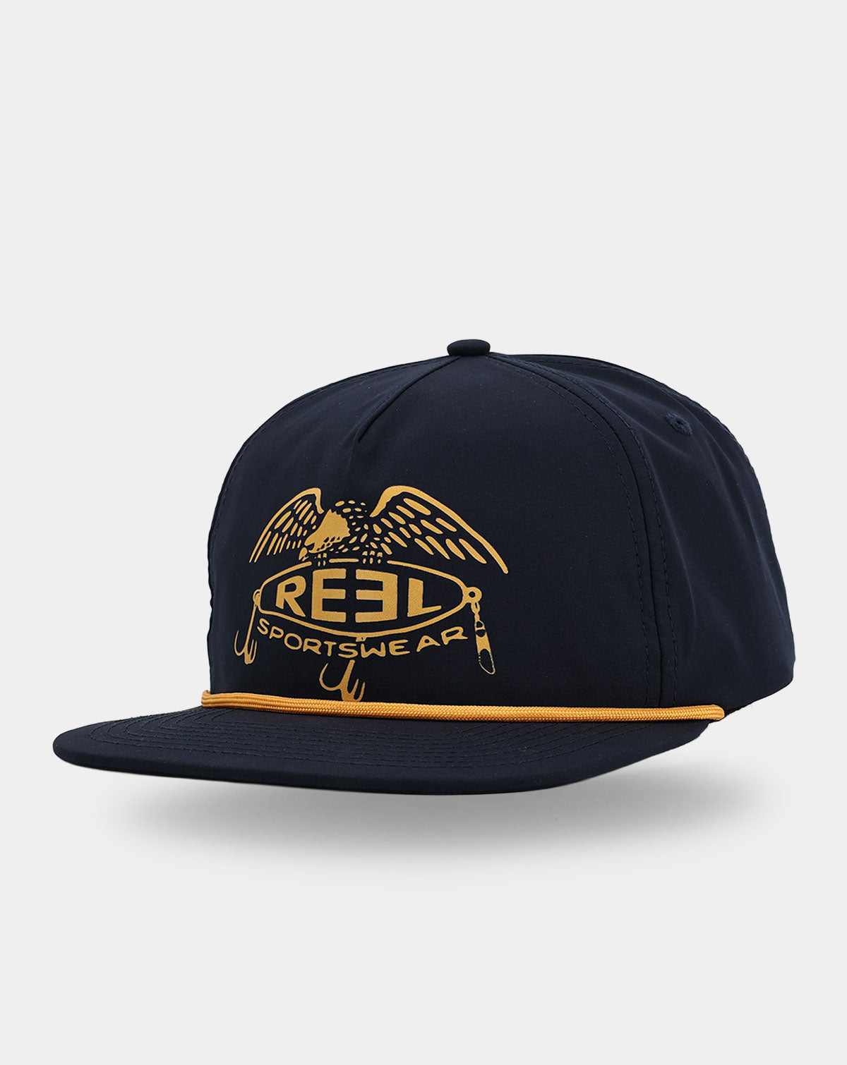 Reel Sportswear El Capitan Snapback — three-quarter view showing gold eagle and lure badge graphic on navy nylon with gold rope visor trim