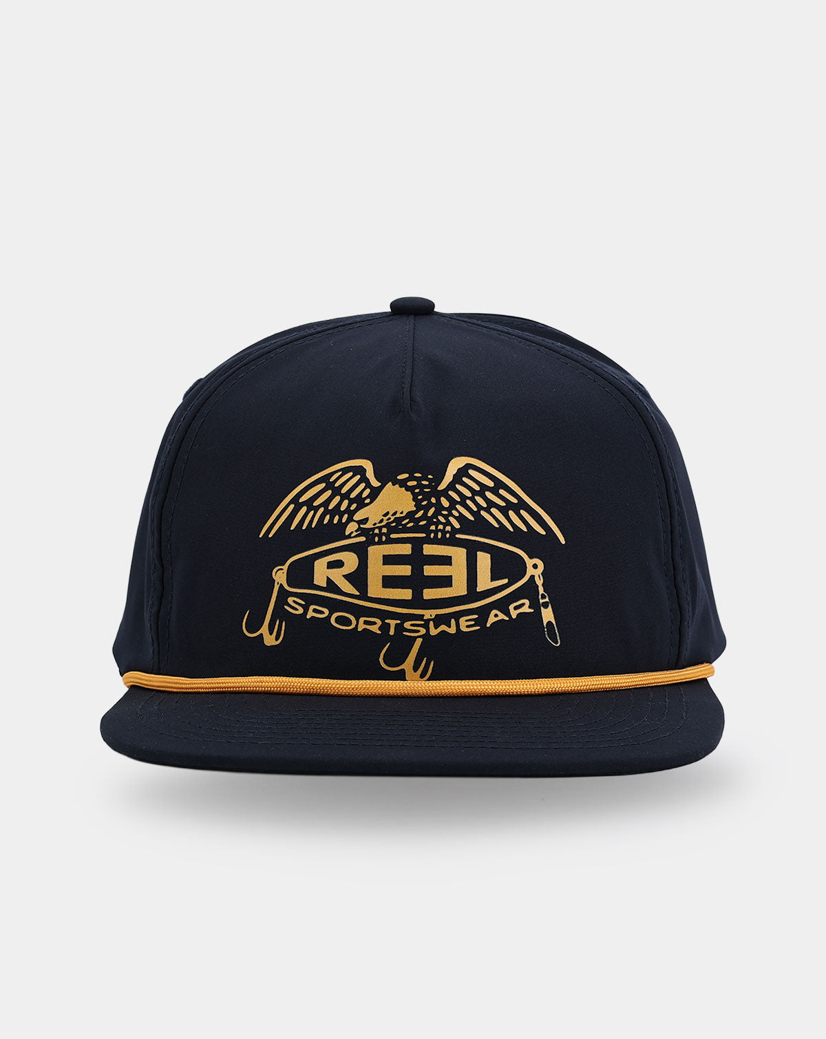 Reel Sportswear El Capitan Navy Gold Fishing Snapback — front view with full eagle lure graphic and gold braided rope across flat bill