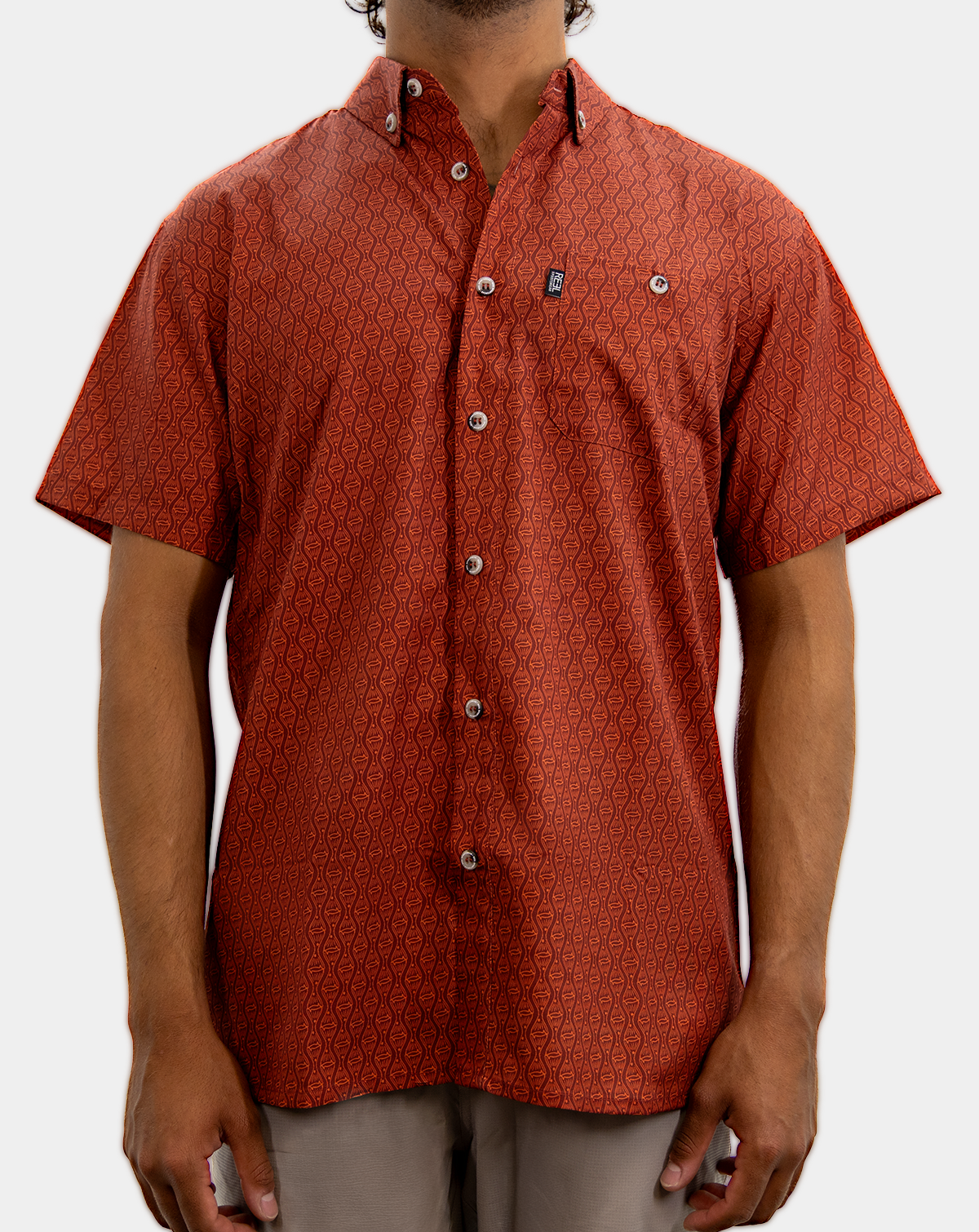 Reel Sportswear Flatlander SS Craig shirt with redfish tail pattern, short sleeve casual button down shirt with redfish pattern