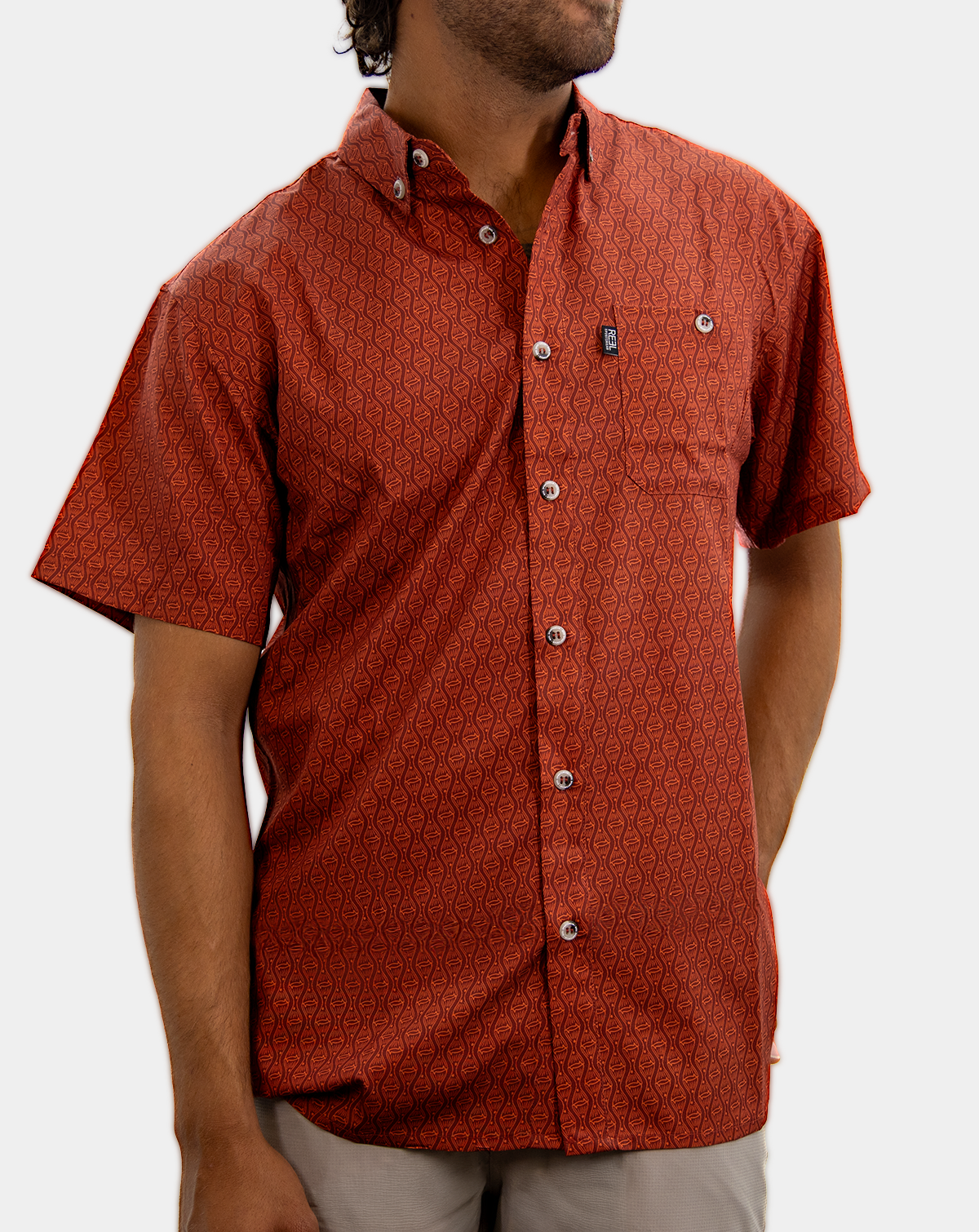 Reel Sportswear Flatlander SS Craig shirt with redfish tail pattern, short sleeve casual button down shirt with redfish pattern