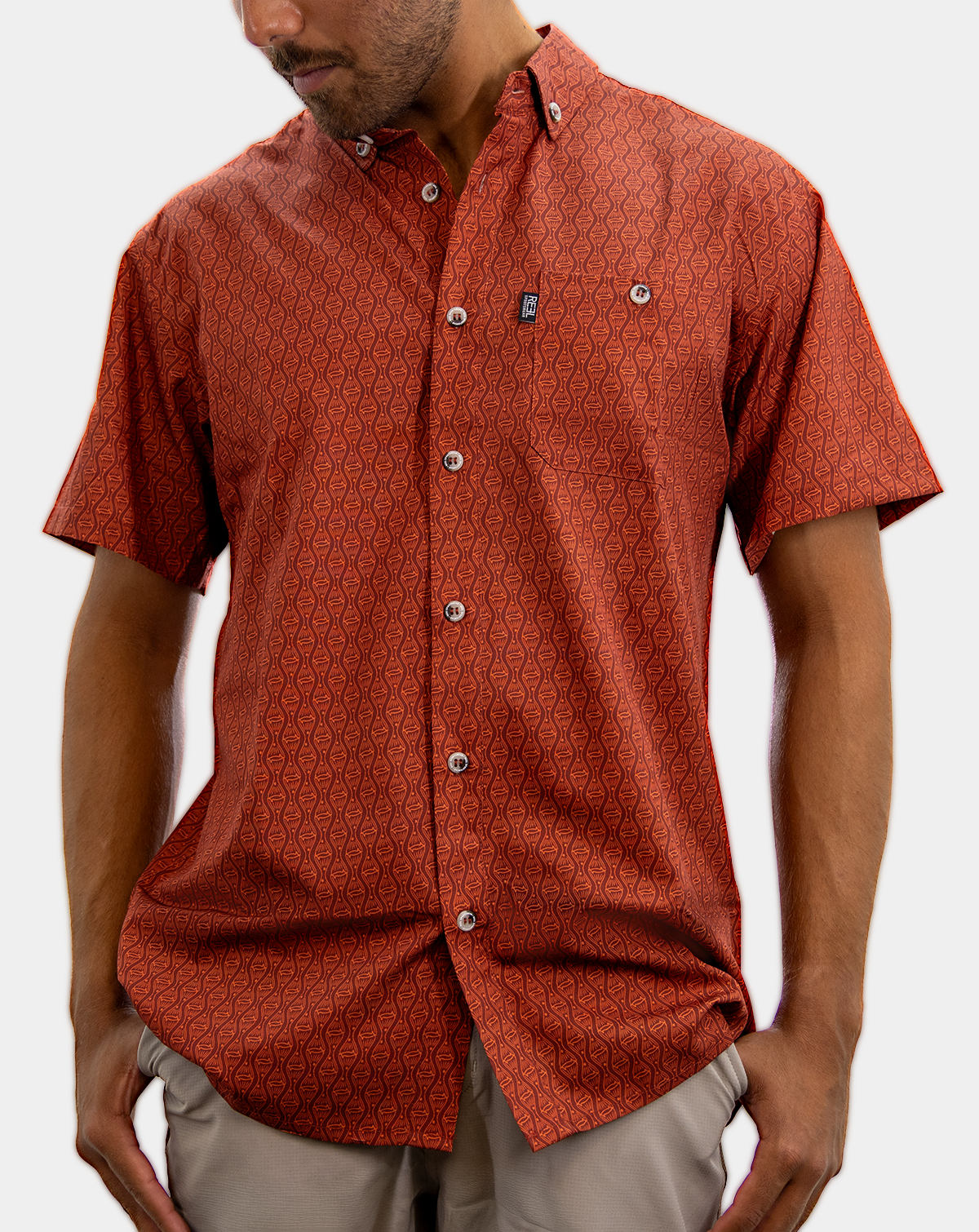 Reel Sportswear Flatlander SS Craig shirt with redfish tail pattern, short sleeve casual button down shirt with redfish pattern