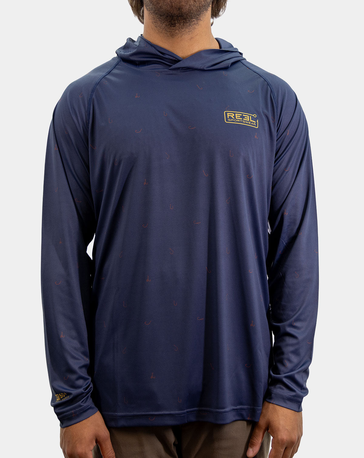Reel Sportswear KNOX men's navy blue performance fishing hoodie with UPF sun protection
