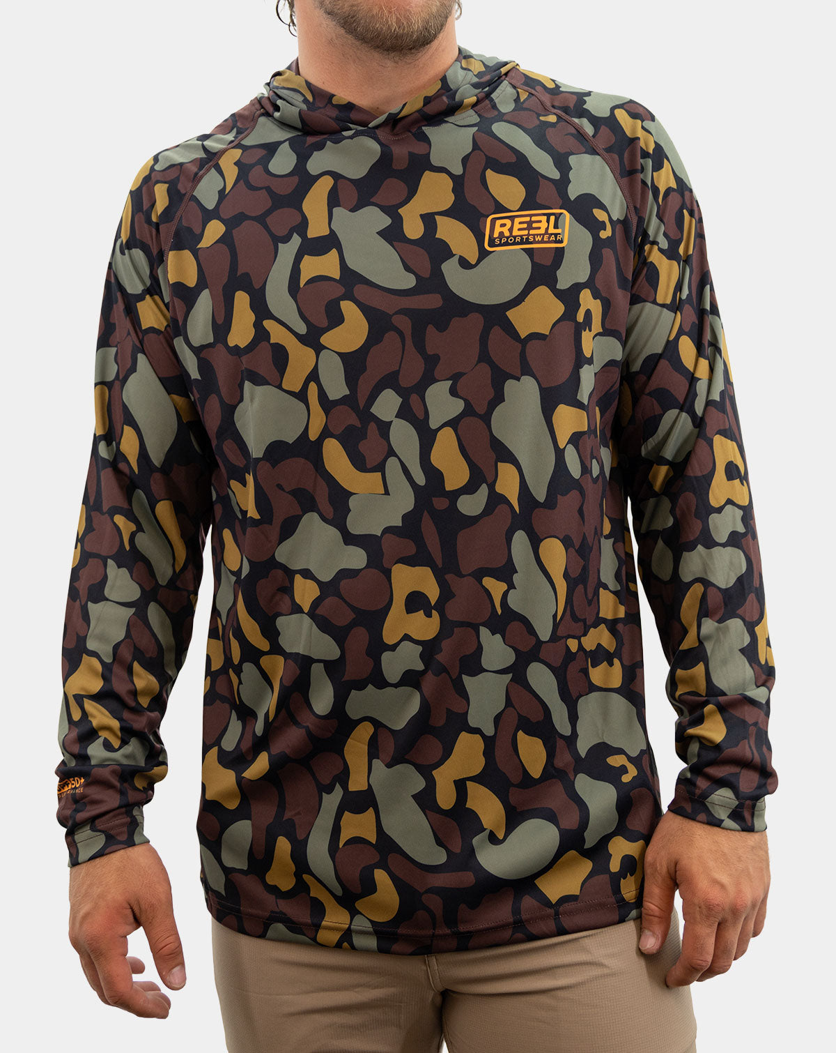 Camouflage mens fishing hoody, sun shirt, upf 50, reel sportswear