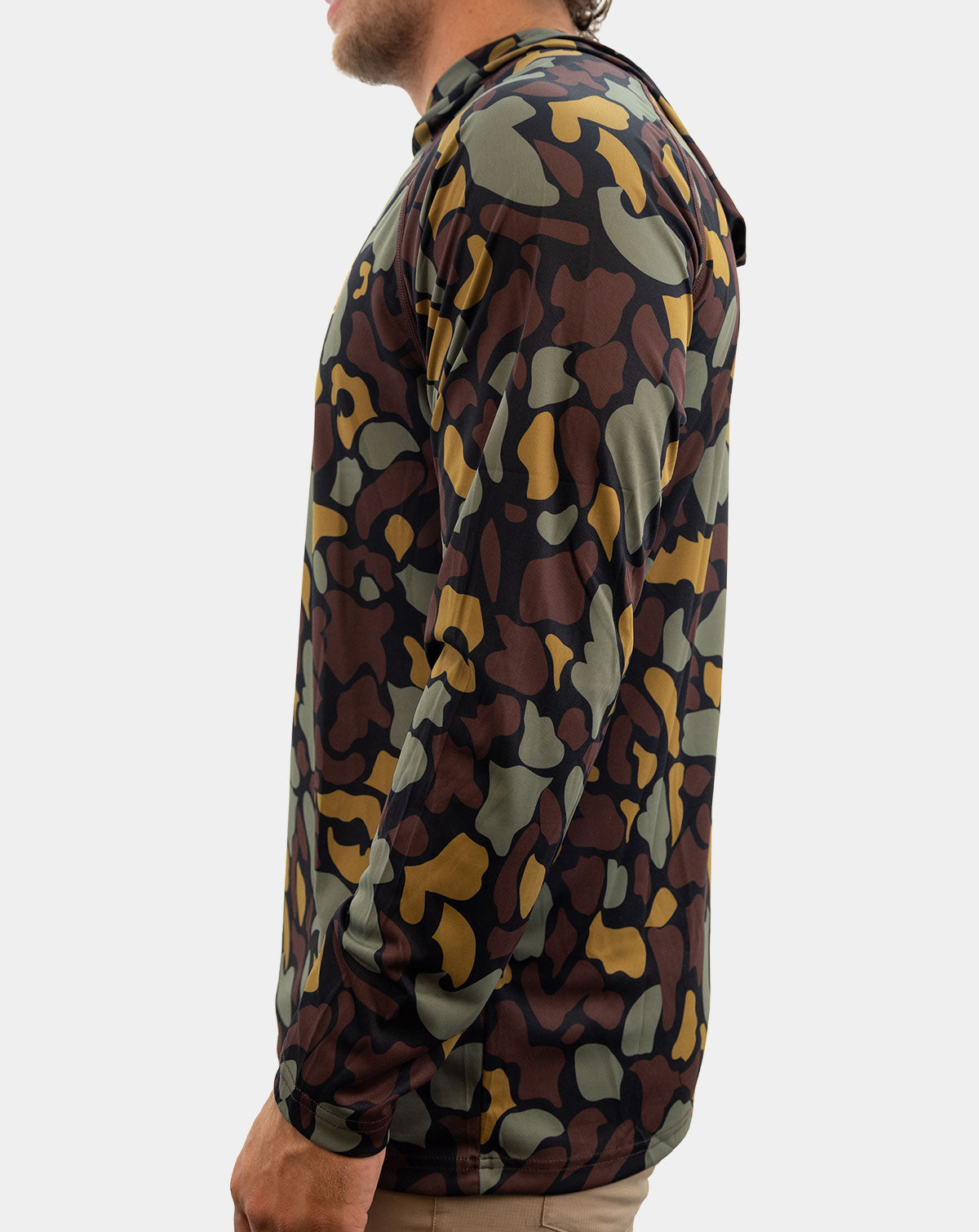 Camouflage mens fishing hoody, sun shirt, upf 50, reel sportswear