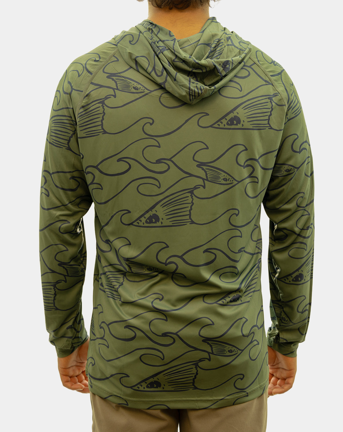 Reel Sportswear Redfin Long Sleeve Performance Fishing Hoody. Green and Navy with a mustard Reel Sportswear lockup. Sunshirt, UPF 50, saltwater fishing shirts and tops