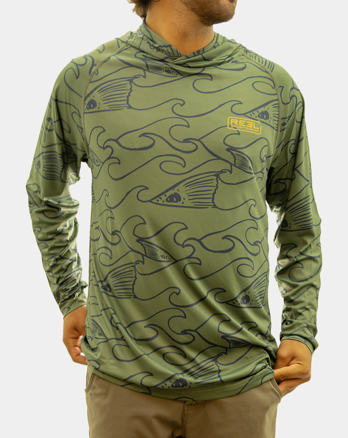 Reel Sportswear Redfin Long Sleeve Performance Fishing Hoody. Green and Navy with a mustard Reel Sportswear lockup