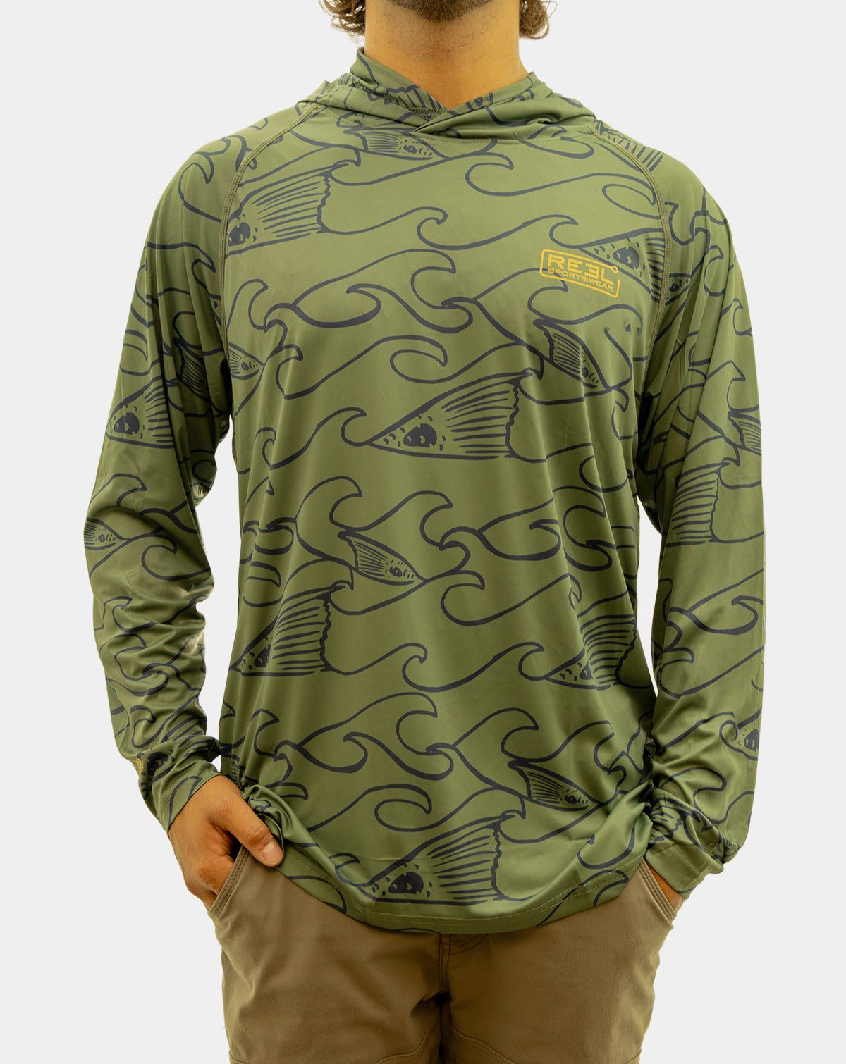 Reel Sportswear Redfin Long Sleeve Performance Fishing Hoody. Green and Navy with a mustard Reel Sportswear lockup. Sunshirt, UPF 50, saltwater fishing shirts and tops