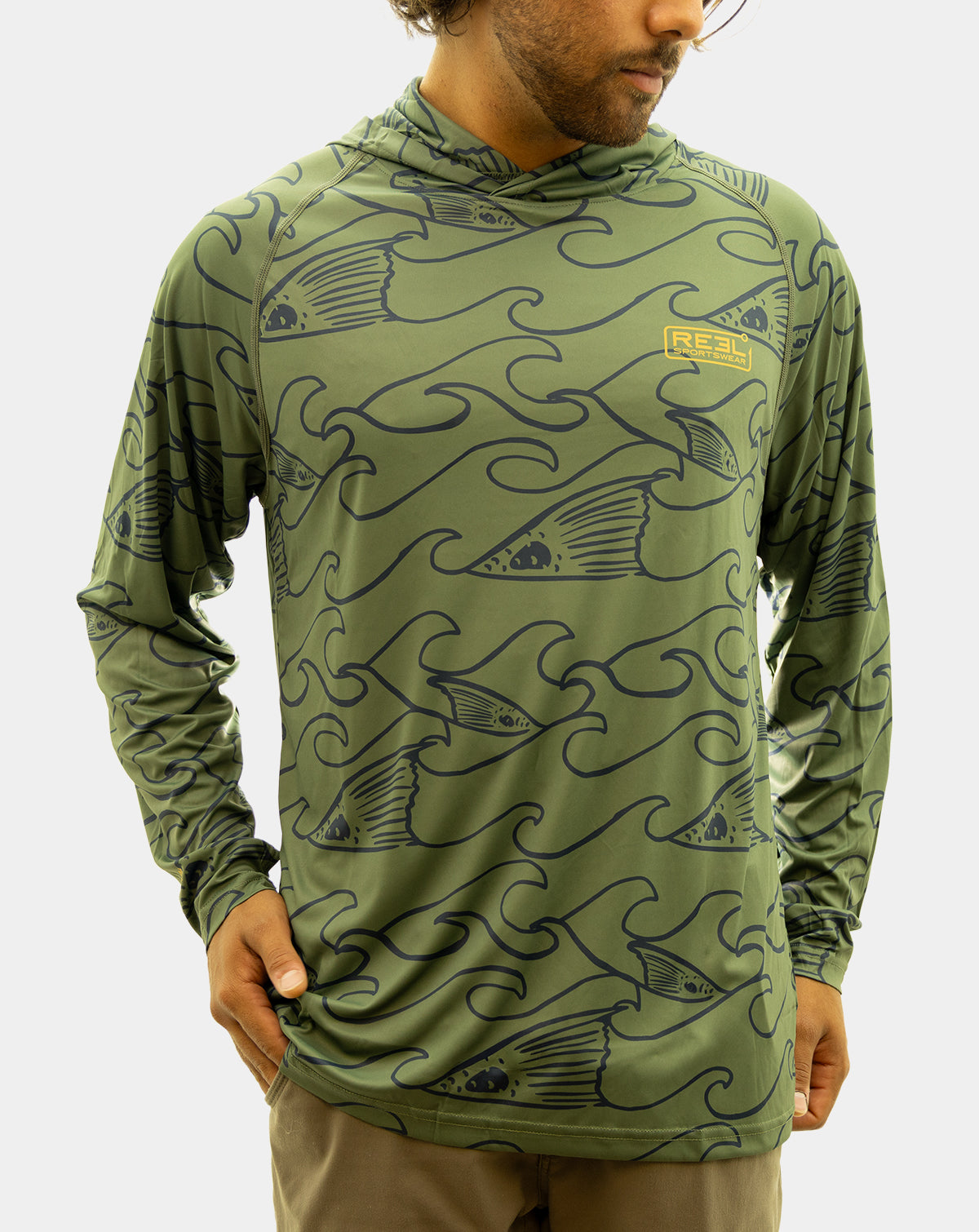 Reel Sportswear Redfin Long Sleeve Performance Fishing Hoody. Green and Navy with a mustard Reel Sportswear lockup. Sunshirt, UPF 50, saltwater fishing shirts and tops