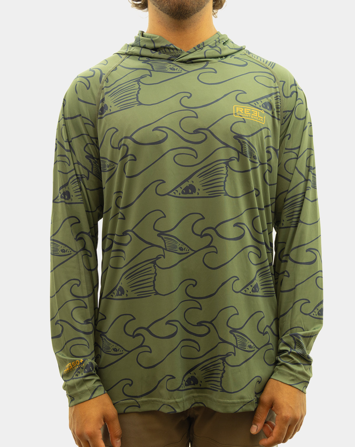 Reel Sportswear Redfin Long Sleeve Performance Fishing Hoody. Green and Navy with a mustard Reel Sportswear lockup