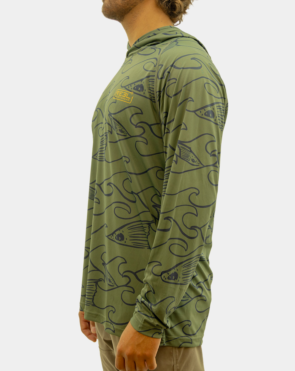 Reel Sportswear Redfin Long Sleeve Performance Fishing Hoody. Green and Navy with a mustard Reel Sportswear lockup. Sunshirt, UPF 50, saltwater fishing shirts and tops