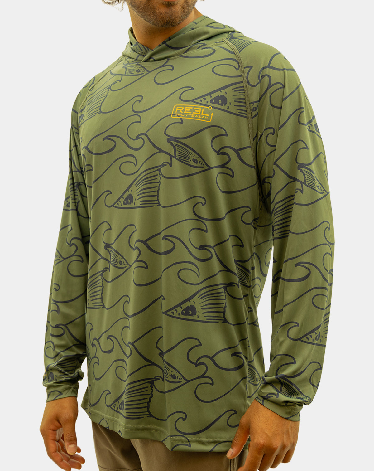 Reel Sportswear Redfin Long Sleeve Performance Fishing Hoody. Green and Navy with a mustard Reel Sportswear lockup. Sunshirt, UPF 50, saltwater fishing shirts and tops