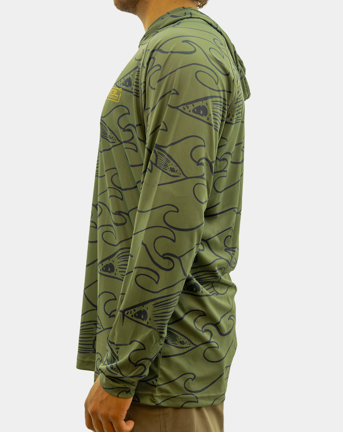 Reel Sportswear Redfin Long Sleeve Performance Fishing Hoody. Green and Navy with a mustard Reel Sportswear lockup. Sunshirt, UPF 50, saltwater fishing shirts and tops