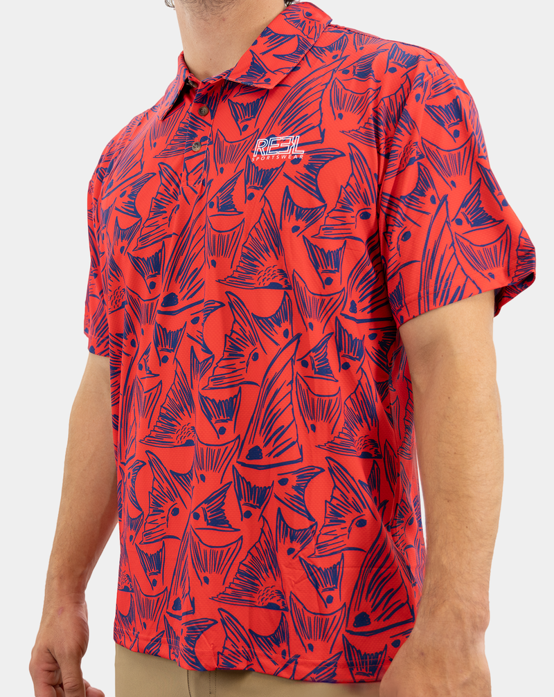 Redfish, White, Blue Polo – Red
