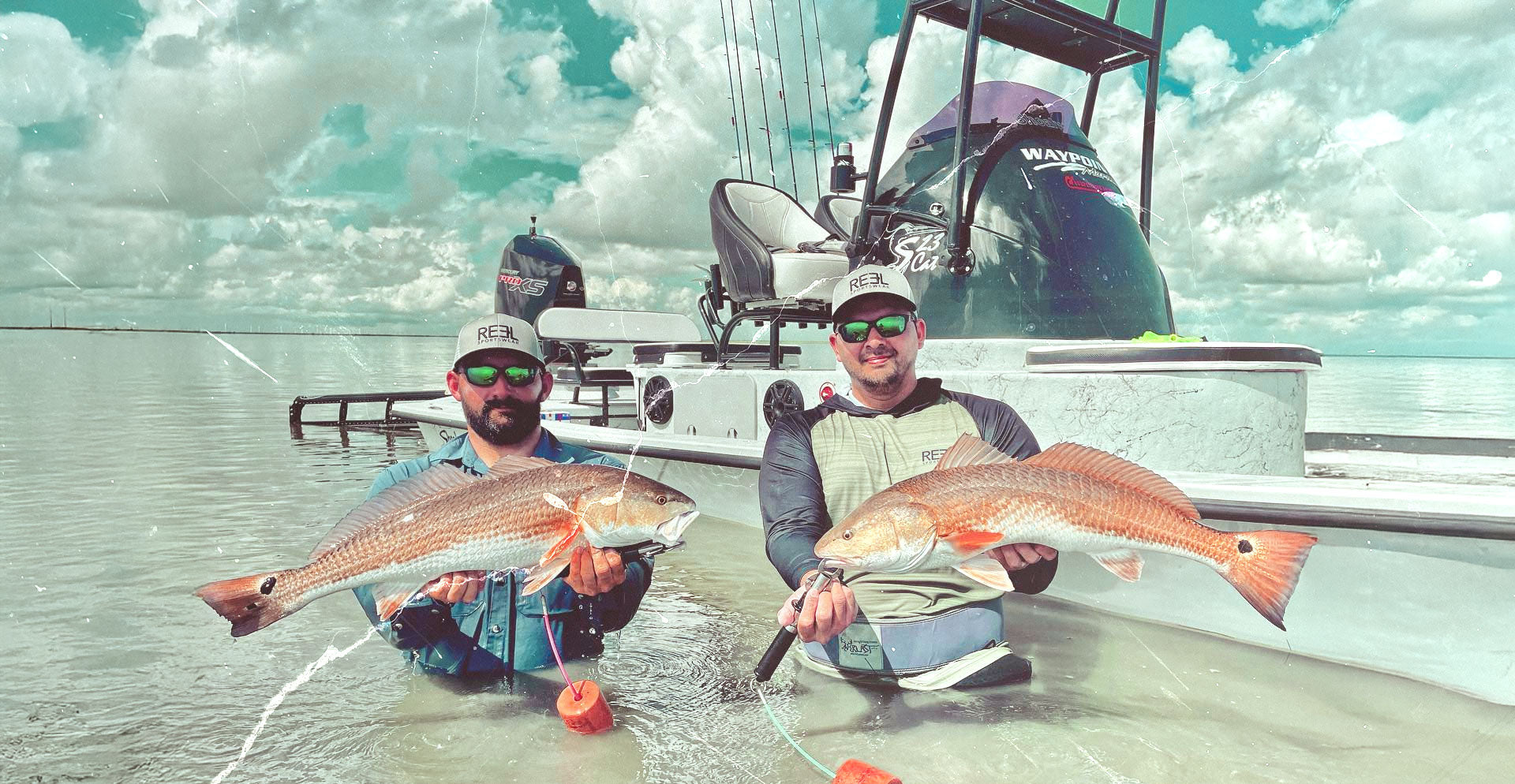 Two brother fish, tide gauge long sleeve fishing hoody, up river button down longsleeve shirt, shoalwater flats fishing boat and redifsh. 