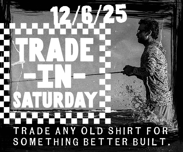 Black and white advertisement with a person fishing, featuring text about a trade-in event on December 6th, 25.