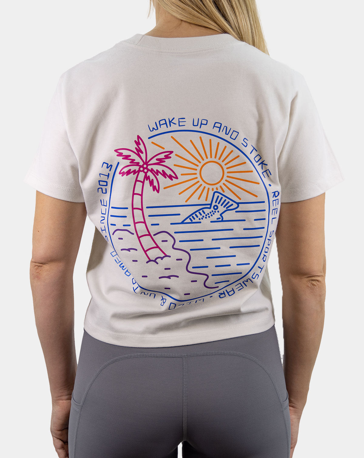 Wake Up &amp; Stoke Women&#39;s Boxy Fishing T-Shirt, Reel Sportswear