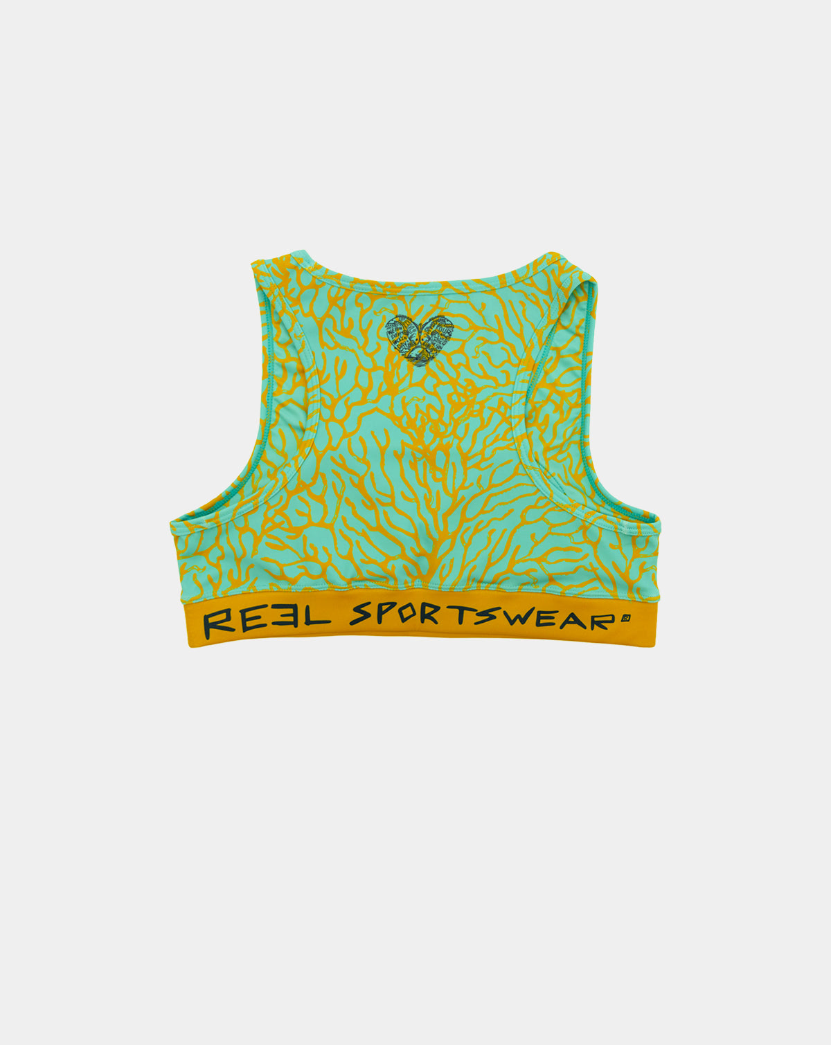 A Women's Knocker Locker fishing sports bra. Reel Sportswear teal, mustard, elegant and upf 50