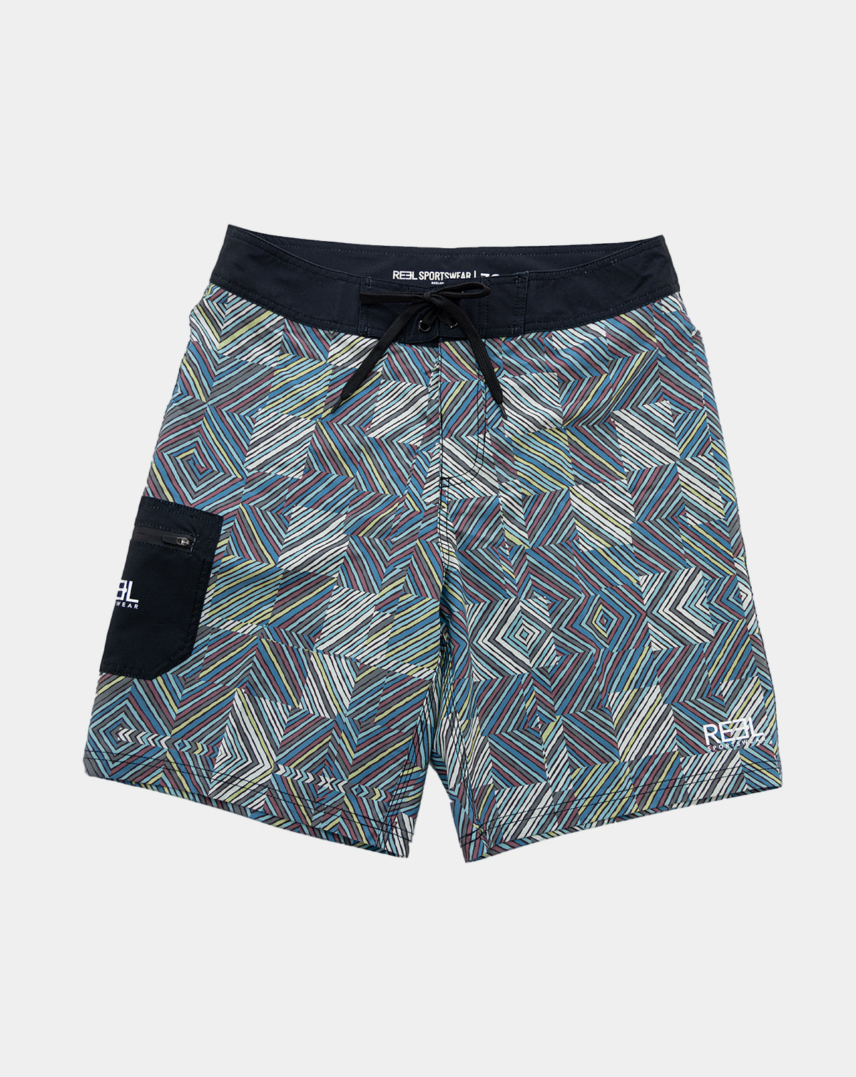 Multi-colored and black Lunkerbunker boardshorts for men with a stylish design, featuring UPF30+ 4-way stretch fabric, quick-dry technology, anti-microbial properties, fixed waist, double bonded butt seam for added strength, side zipper pocket, laser cut holes, 21" outseam and side patch pockets for ultimate fishing performance.