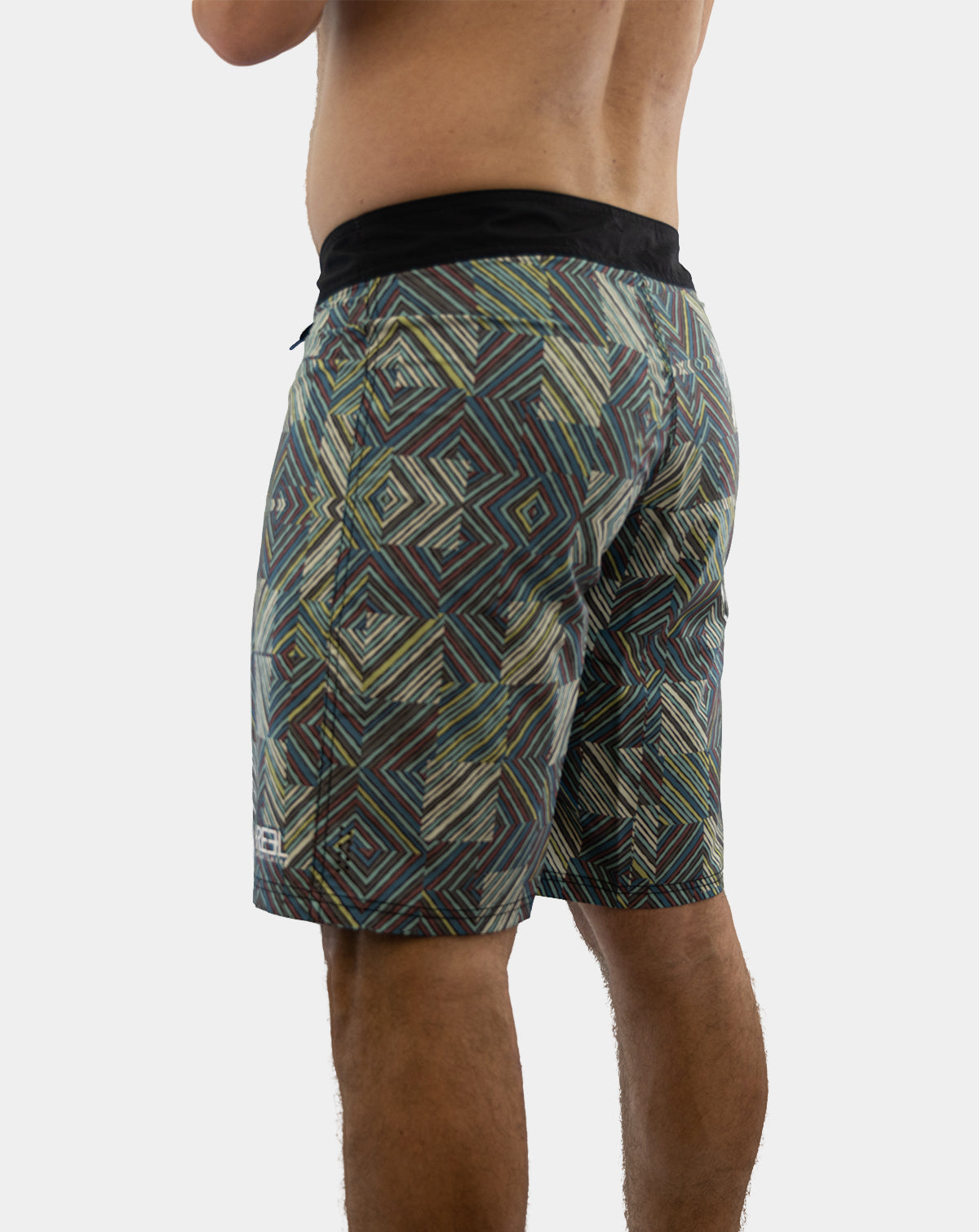 Multi-colored and black Lunkerbunker boardshorts for men with a stylish design, featuring UPF30+ 4-way stretch fabric, quick-dry technology, anti-microbial properties, fixed waist, double bonded butt seam for added strength, side zipper pocket, laser cut holes, 21" outseam and side patch pockets for ultimate fishing performance.