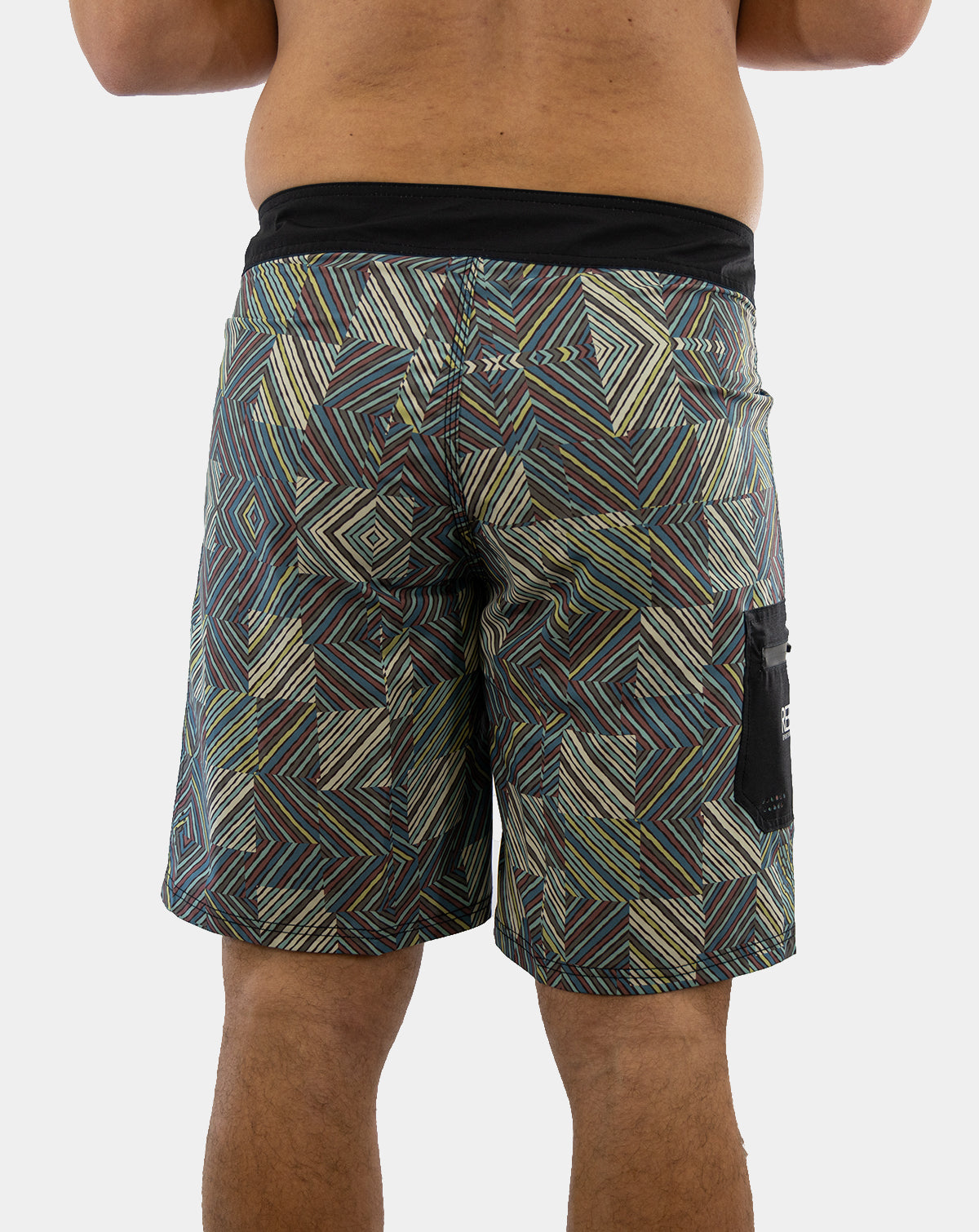 Multi-colored and black Lunkerbunker boardshorts for men with a stylish design, featuring UPF30+ 4-way stretch fabric, quick-dry technology, anti-microbial properties, fixed waist, double bonded butt seam for added strength, side zipper pocket, laser cut holes, 21" outseam and side patch pockets for ultimate fishing performance.