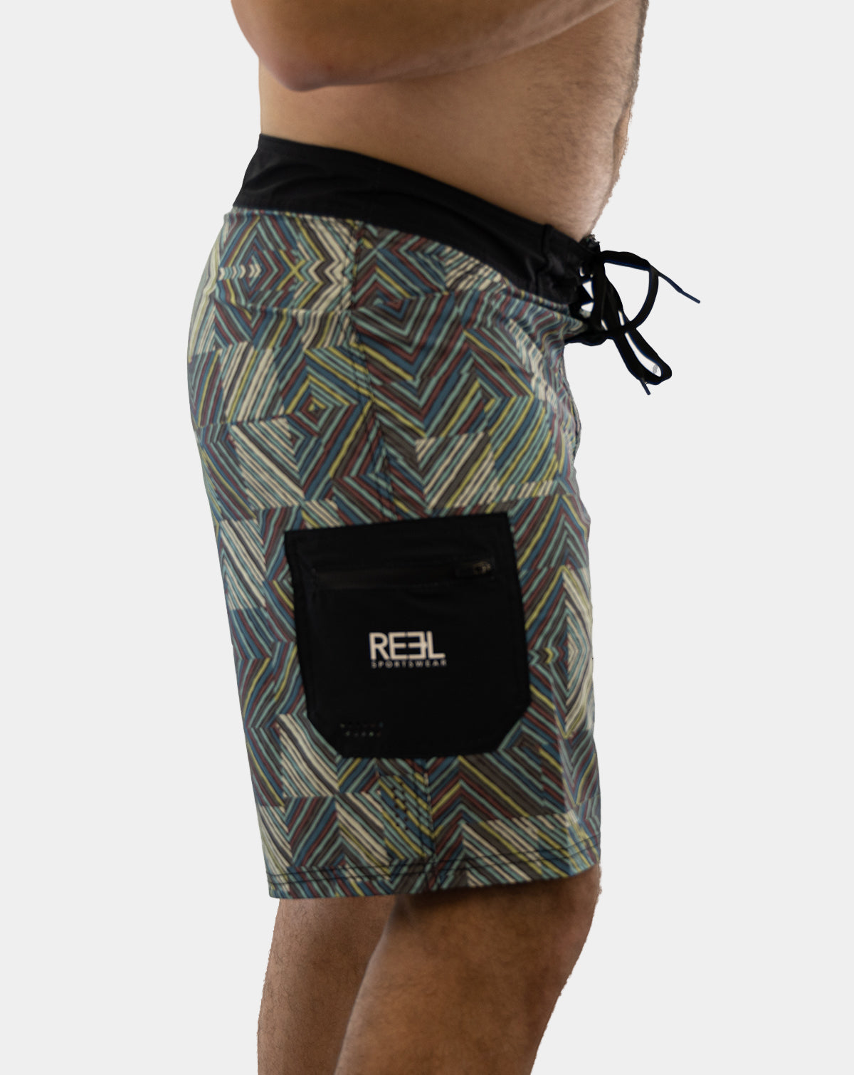 Multi-colored and black Lunkerbunker boardshorts for men with a stylish design, featuring UPF30+ 4-way stretch fabric, quick-dry technology, anti-microbial properties, fixed waist, double bonded butt seam for added strength, side zipper pocket, laser cut holes, 21" outseam and side patch pockets for ultimate fishing performance.