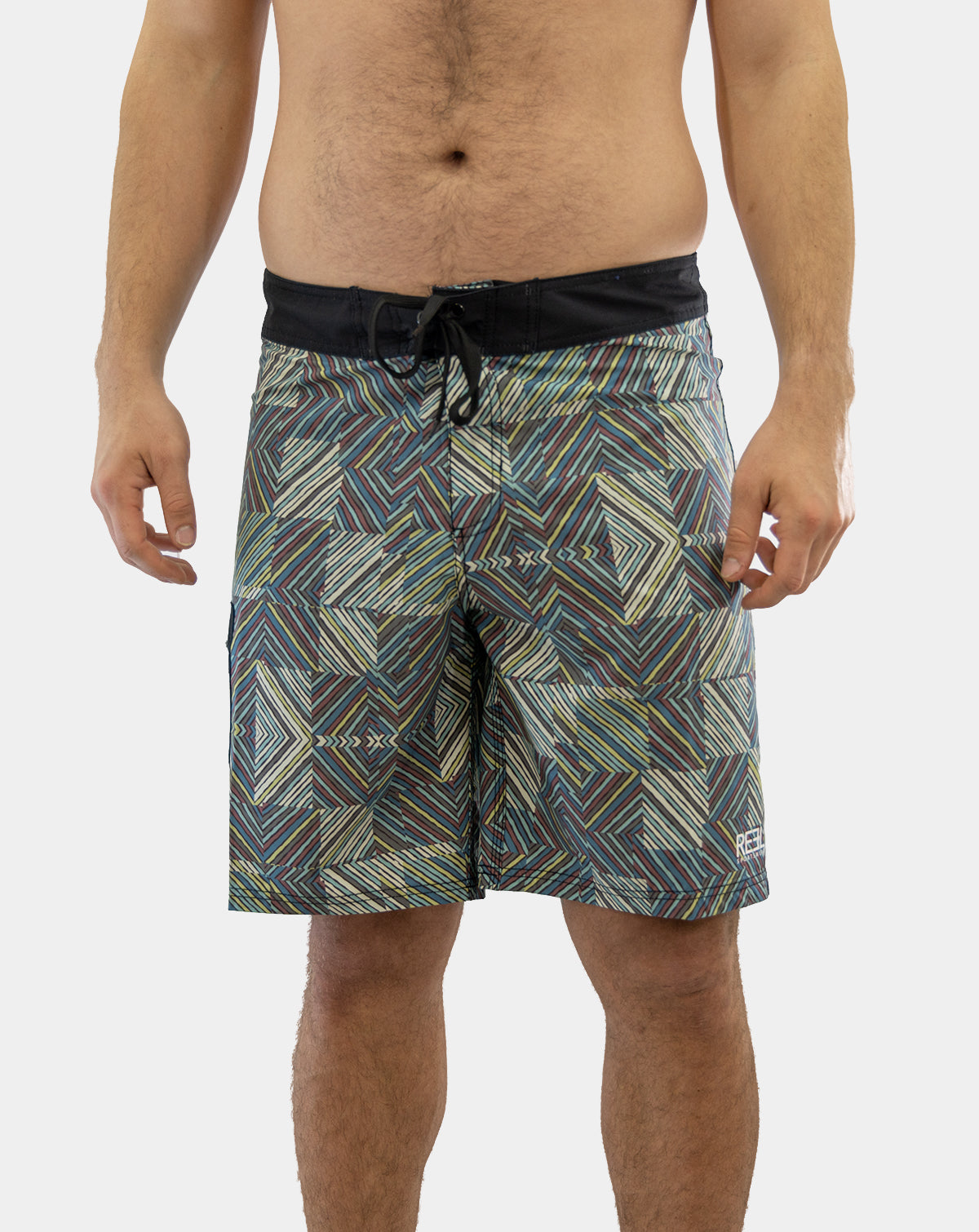 Multi-colored and black Lunkerbunker boardshorts for men with a stylish design, featuring UPF30+ 4-way stretch fabric, quick-dry technology, anti-microbial properties, fixed waist, double bonded butt seam for added strength, side zipper pocket, laser cut holes, 21" outseam and side patch pockets for ultimate fishing performance.