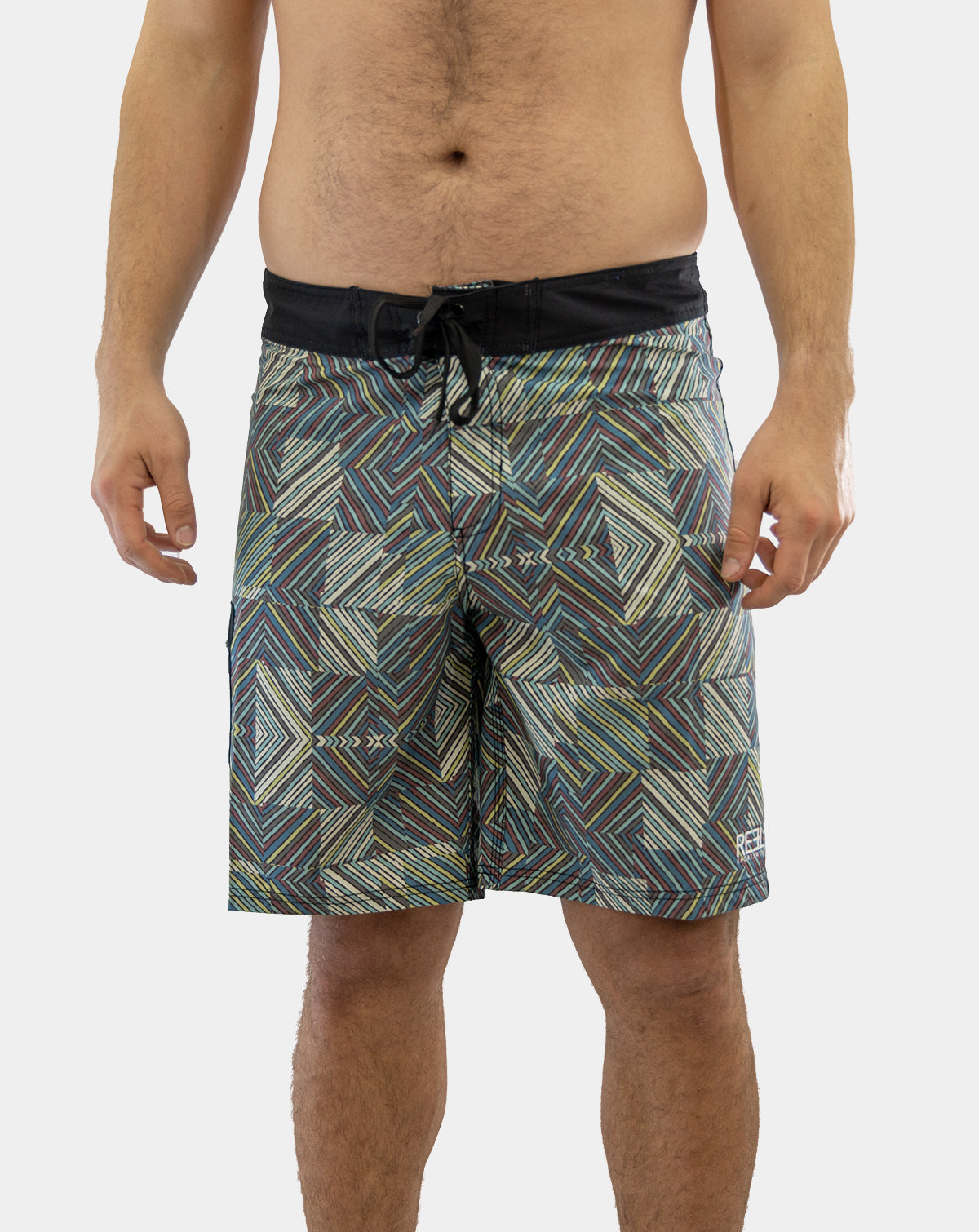 Multi-colored and black Lunkerbunker boardshorts for men with a stylish design, featuring UPF30+ 4-way stretch fabric, quick-dry technology, anti-microbial properties, fixed waist, double bonded butt seam for added strength, side zipper pocket, laser cut holes, 21&quot; outseam and side patch pockets for ultimate fishing performance.