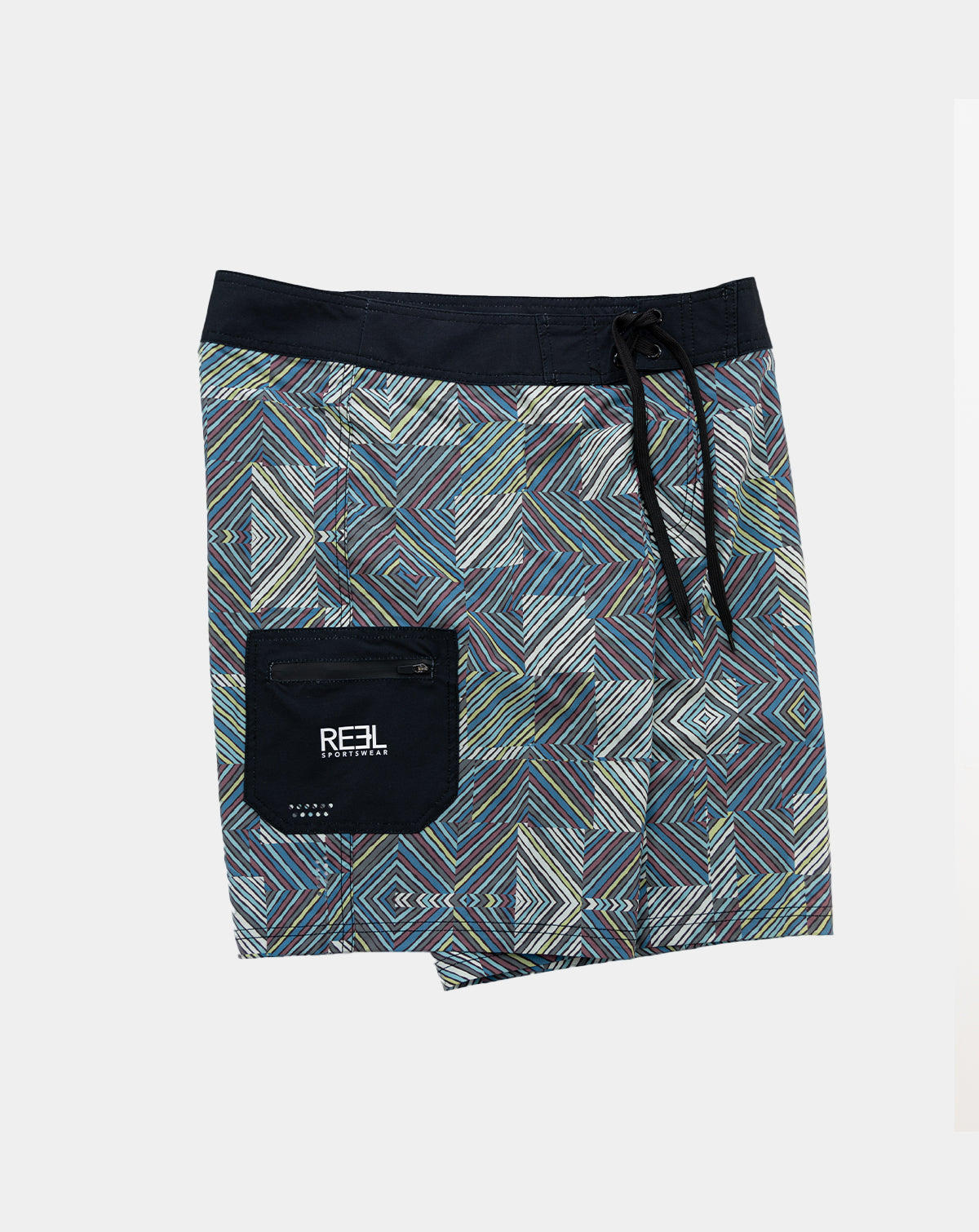 Multi-colored and black Lunkerbunker boardshorts for men with a stylish design, featuring UPF30+ 4-way stretch fabric, quick-dry technology, anti-microbial properties, fixed waist, double bonded butt seam for added strength, side zipper pocket, laser cut holes, 21" outseam and side patch pockets for ultimate fishing performance.