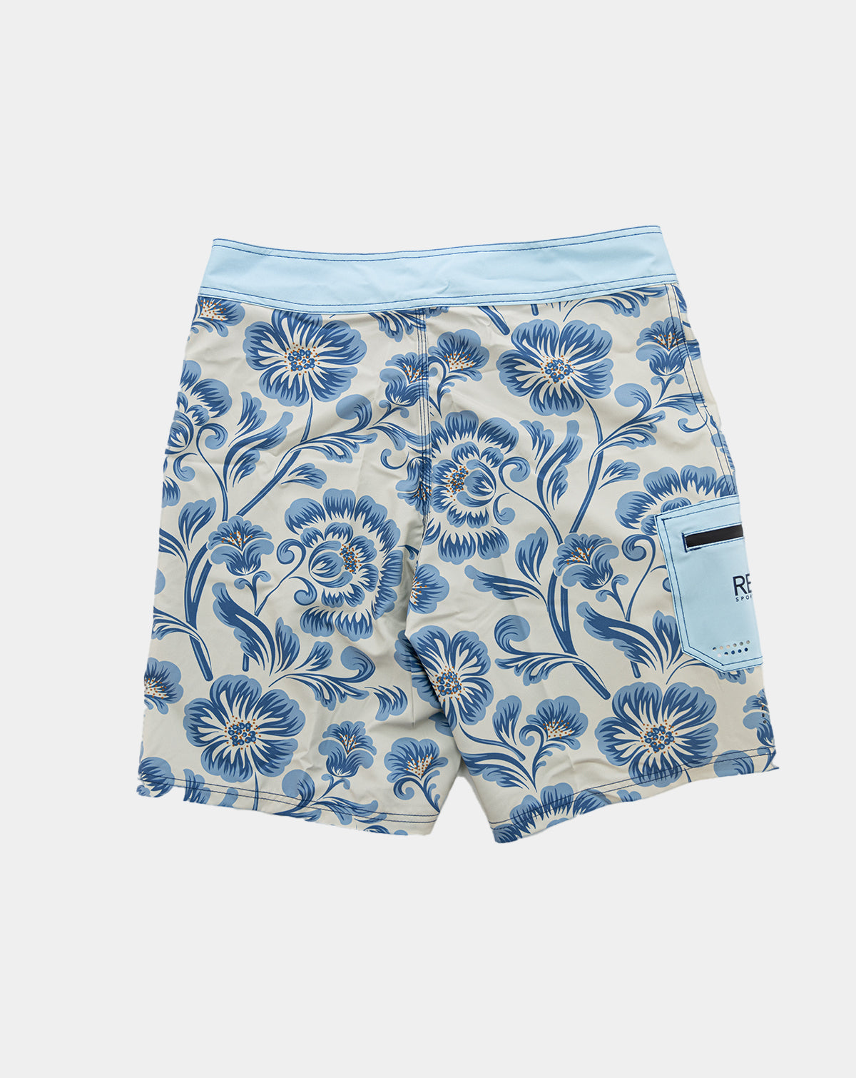 Stylish Sturgill Men's Boardshorts featuring bold floral print in shades of blue and antique white.