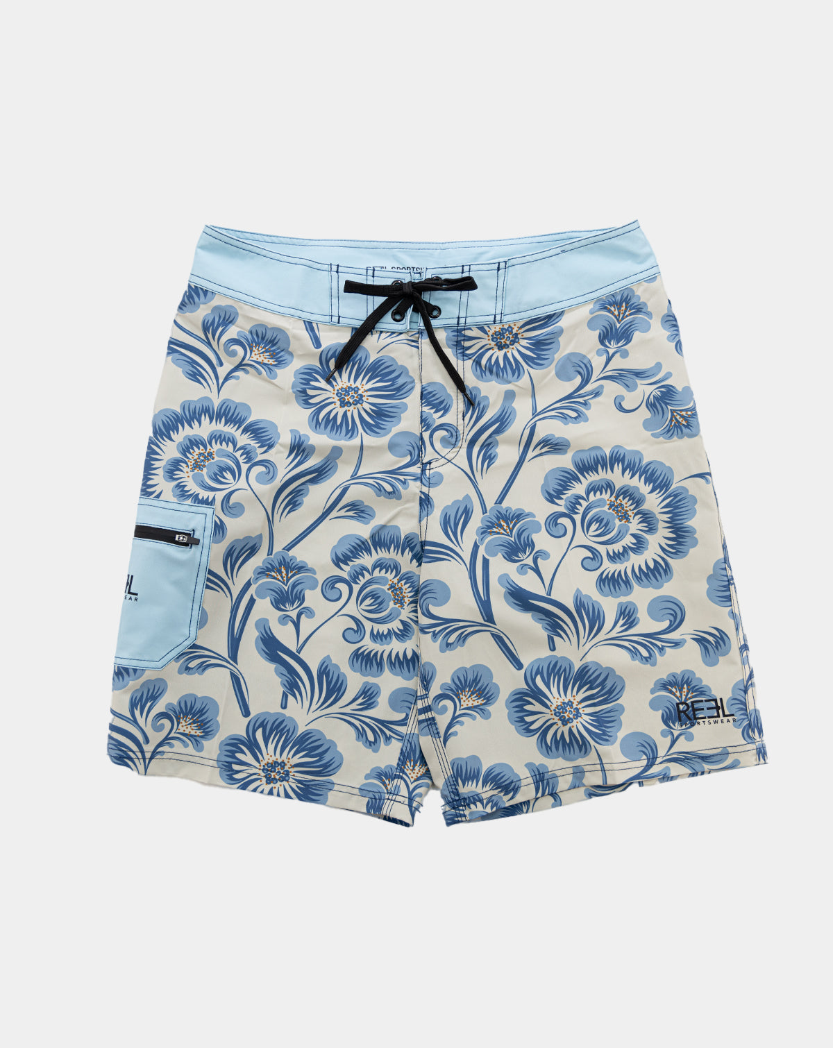 Stylish Sturgill Men's Boardshorts featuring bold floral print in shades of blue and antique white.