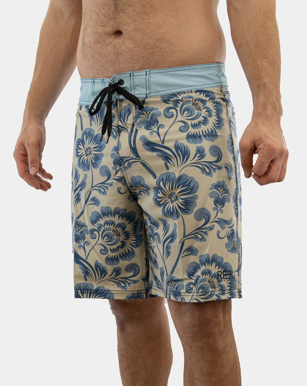 Stylish Sturgill Men&#39;s Boardshorts featuring bold floral print in shades of blue and antique white.