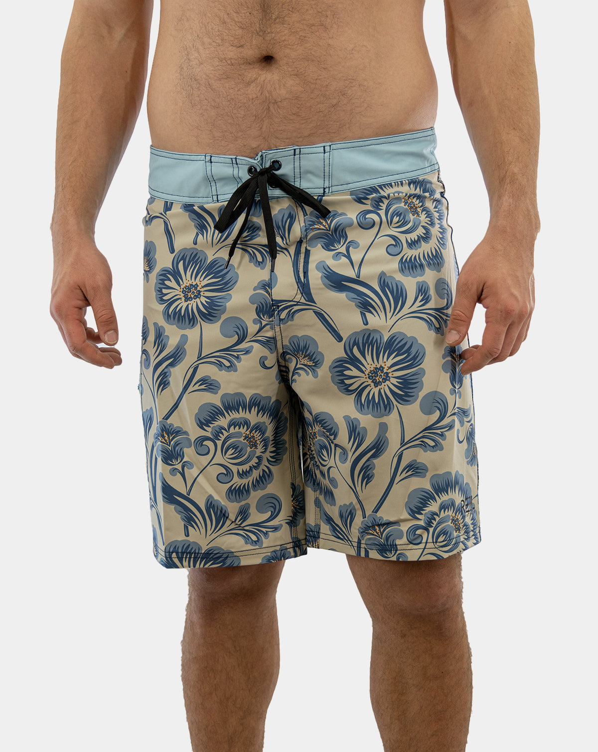 Stylish Sturgill Men's Boardshorts featuring bold floral print in shades of blue and antique white.